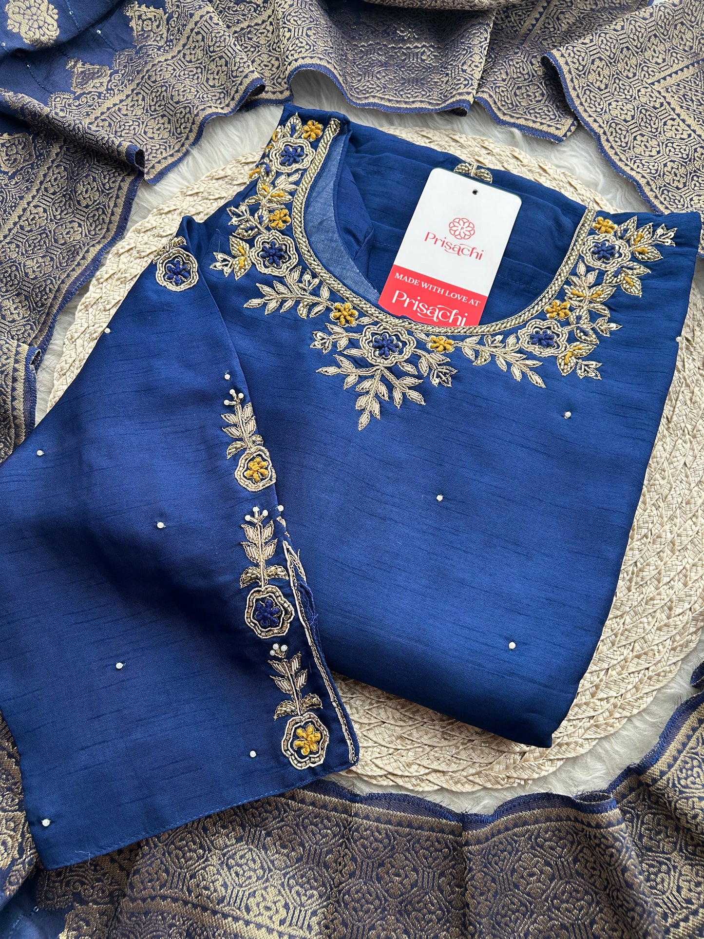 Blue Embroidered Kurta Set with Banarasi Dupatta & Pants | Hand Embroidery Ethnic Suit Set