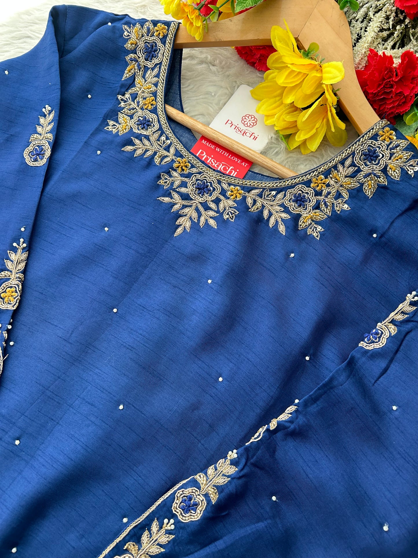 Blue Embroidered Kurta Set with Banarasi Dupatta & Pants | Hand Embroidery Ethnic Suit Set
