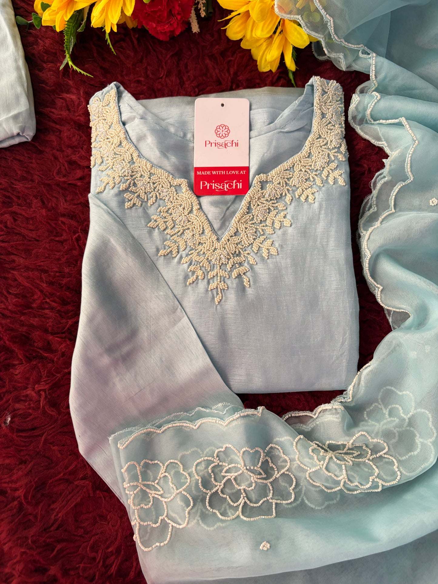 Pastel Blue Embroidered Ethnic Kurta set with Pants and Dupatta For Women's | Festive Party Wear Suit Set