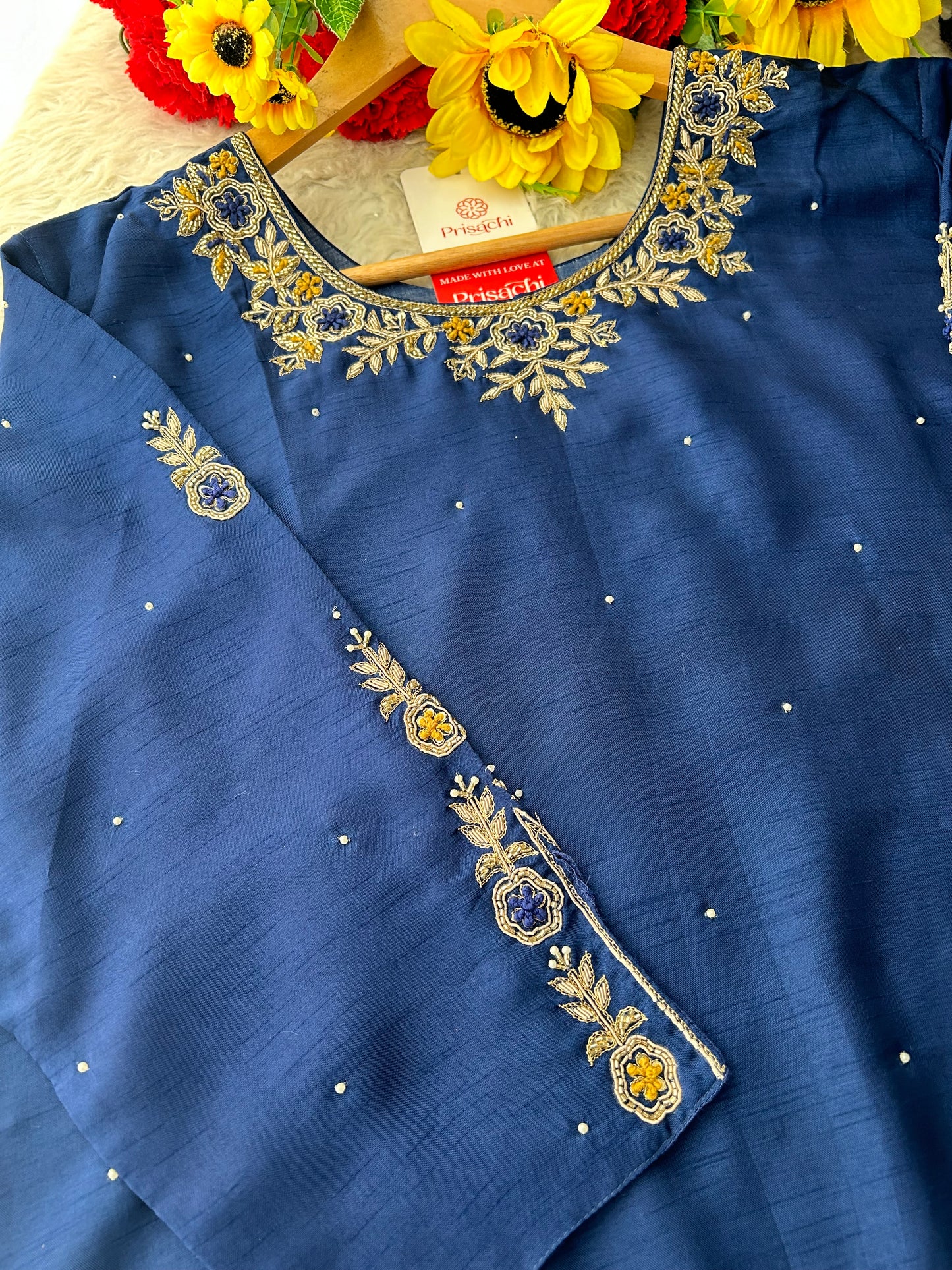 Blue Embroidered Kurta Set with Banarasi Dupatta & Pants | Hand Embroidery Ethnic Suit Set