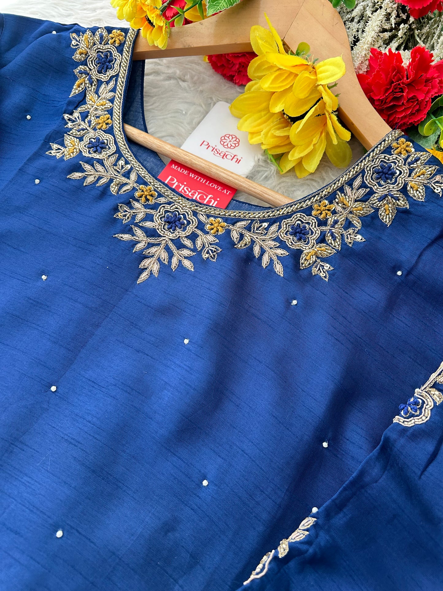 Blue Embroidered Kurta Set with Banarasi Dupatta & Pants | Hand Embroidery Ethnic Suit Set