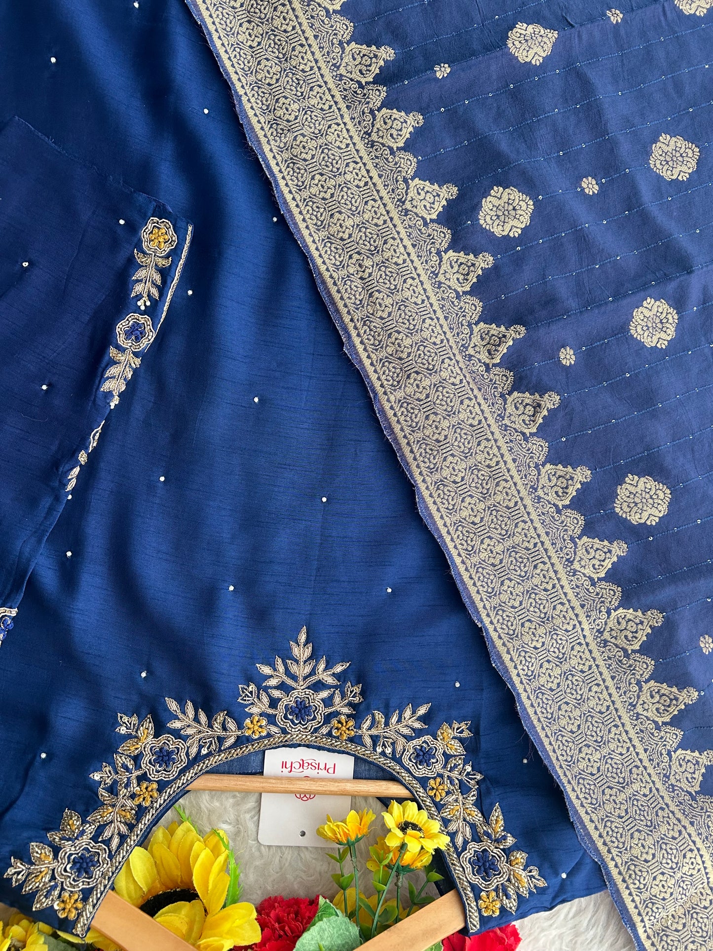Blue Embroidered Kurta Set with Banarasi Dupatta & Pants | Hand Embroidery Ethnic Suit Set
