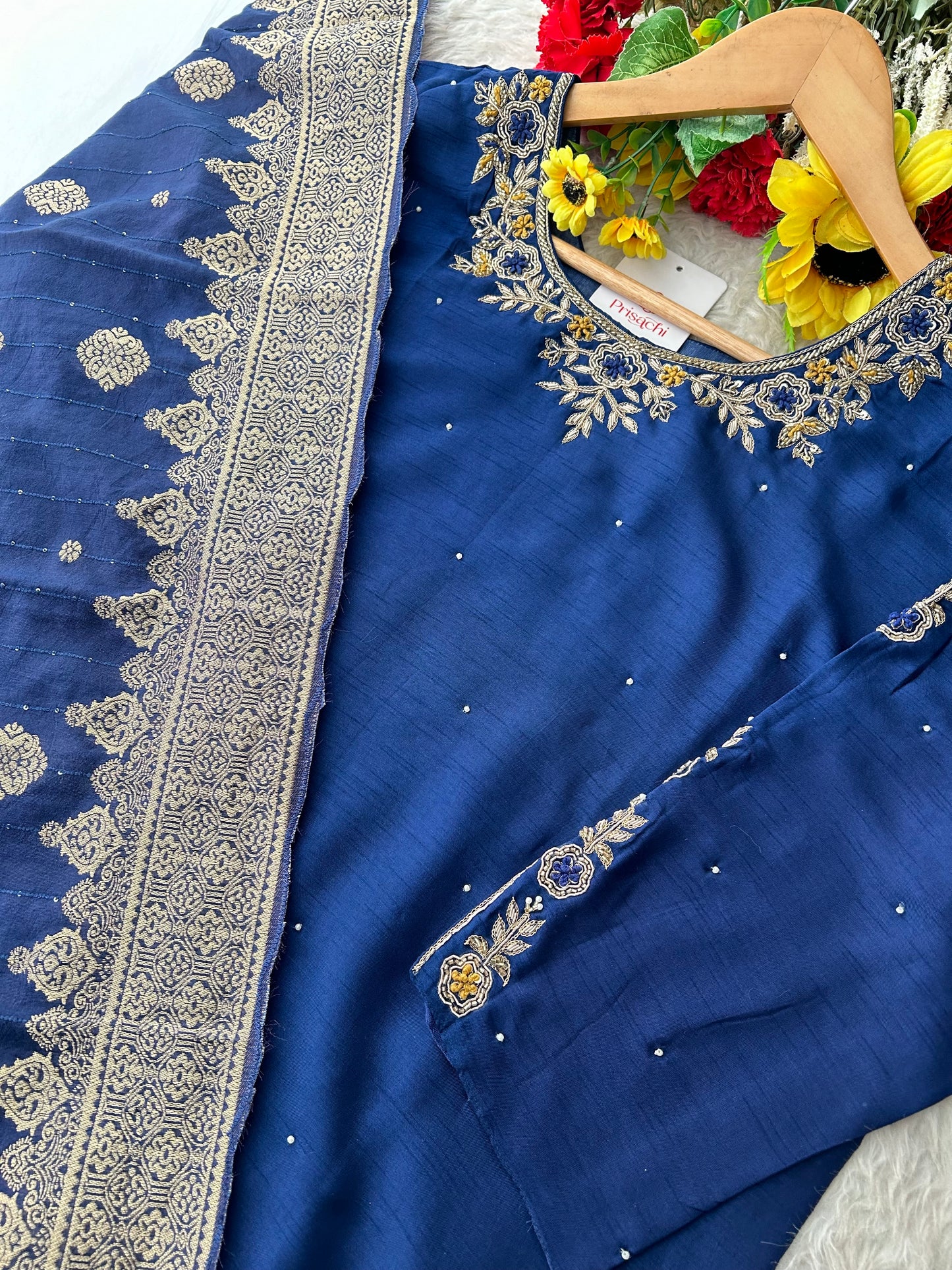 Blue Embroidered Kurta Set with Banarasi Dupatta & Pants | Hand Embroidery Ethnic Suit Set