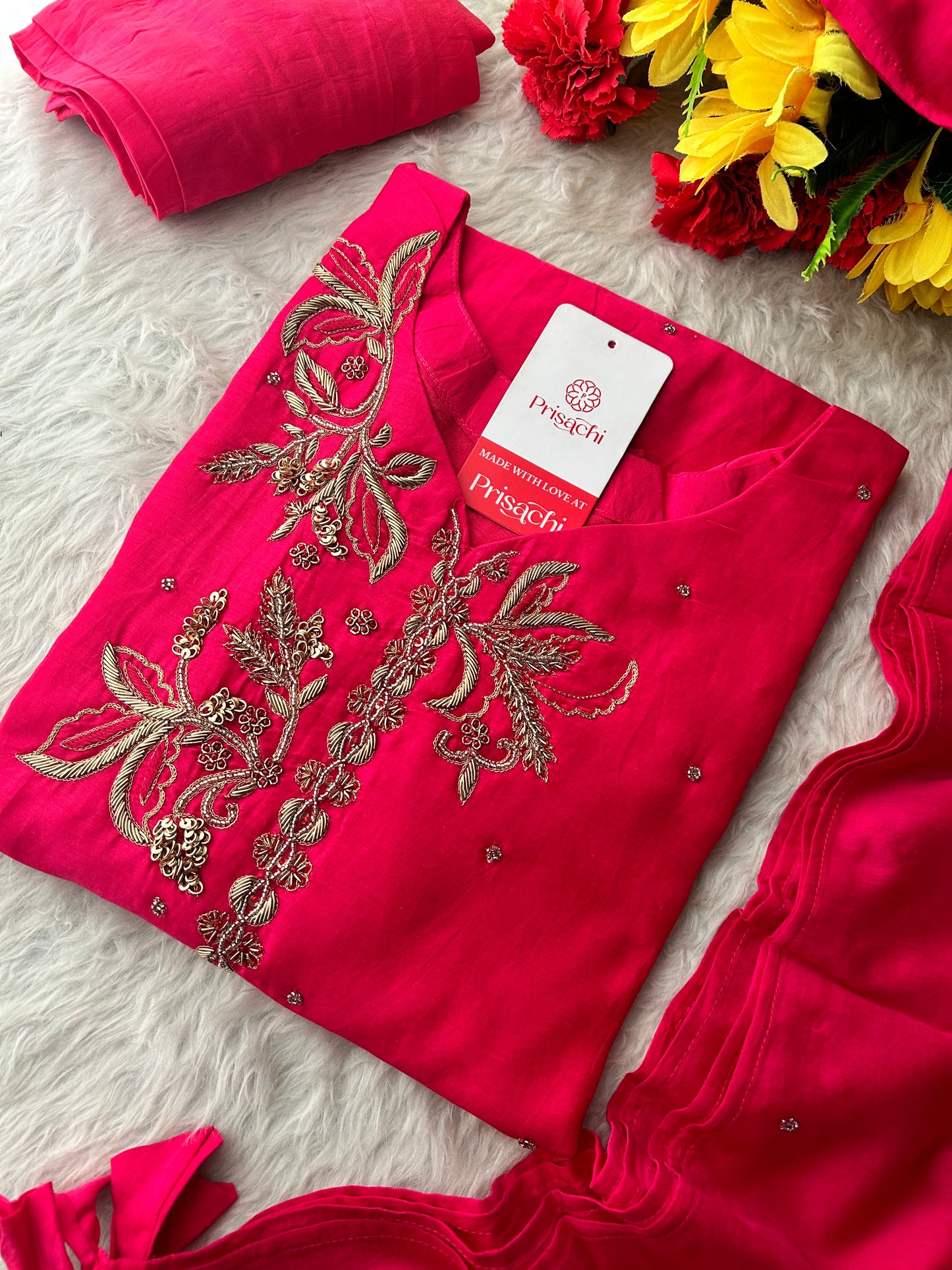 Pink Zardozi Embroidered A-Line kurta set with dupatta and Pants | Ethnic Suit Set