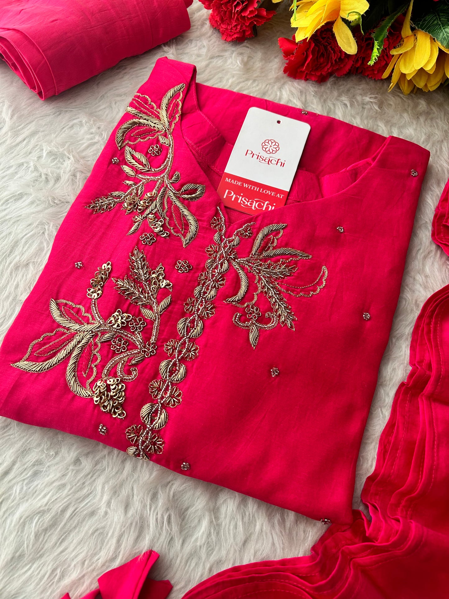 Pink Zardozi Embroidered A-Line kurta set with dupatta and Pants | Ethnic Suit Set