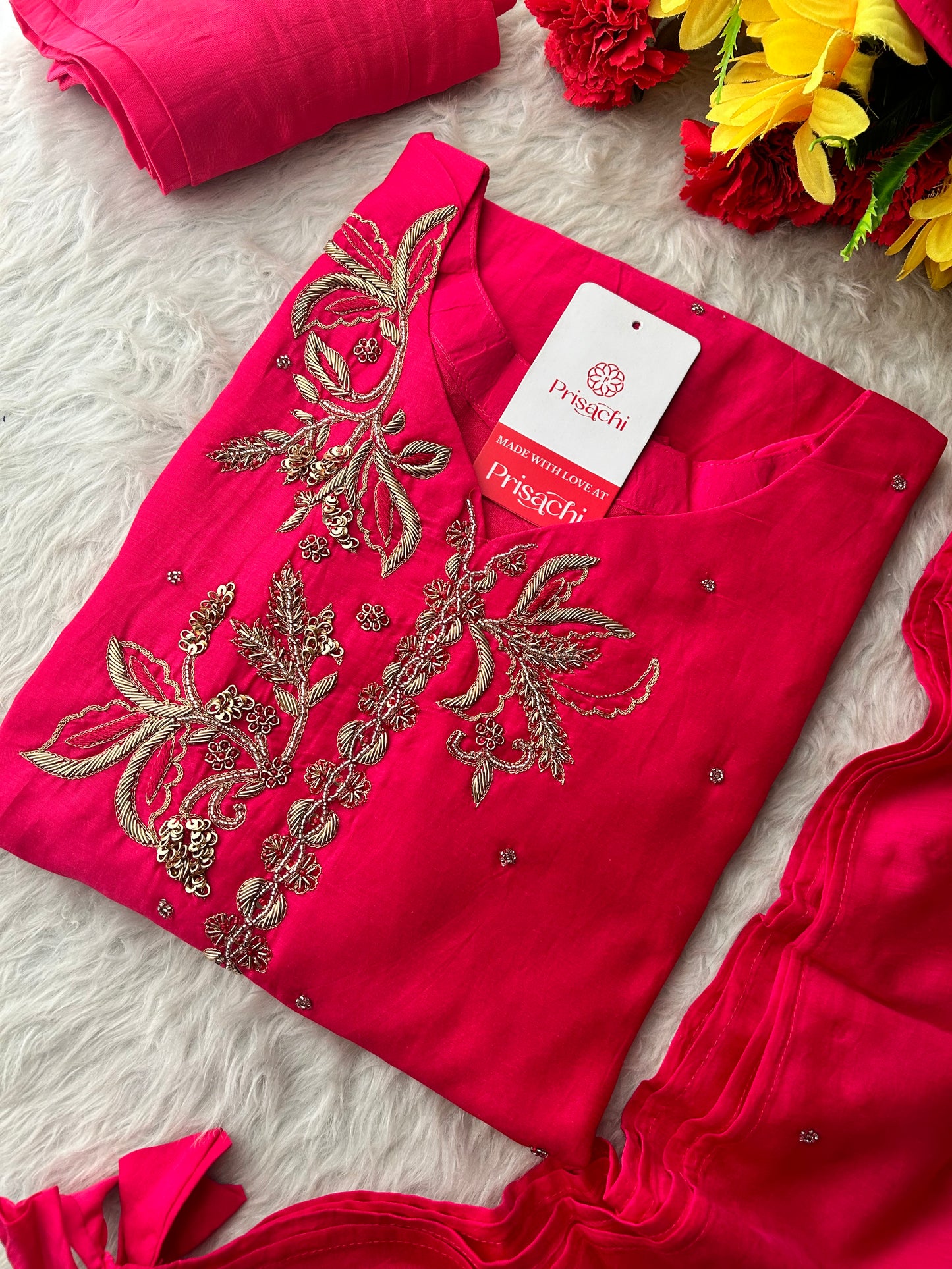 Pink Zardozi Embroidered A-Line kurta set with dupatta and Pants | Ethnic Suit Set