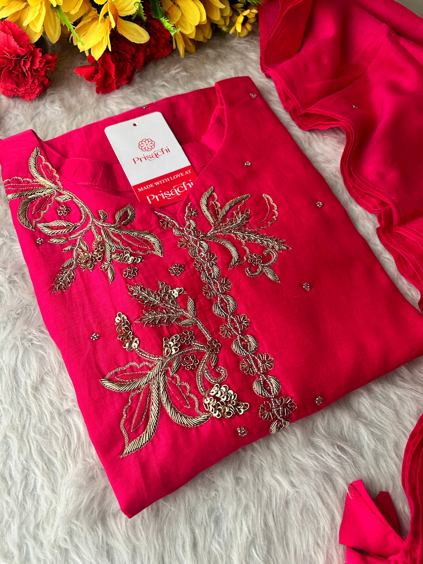 Pink Zardozi Embroidered A-Line kurta set with dupatta and Pants | Ethnic Suit Set
