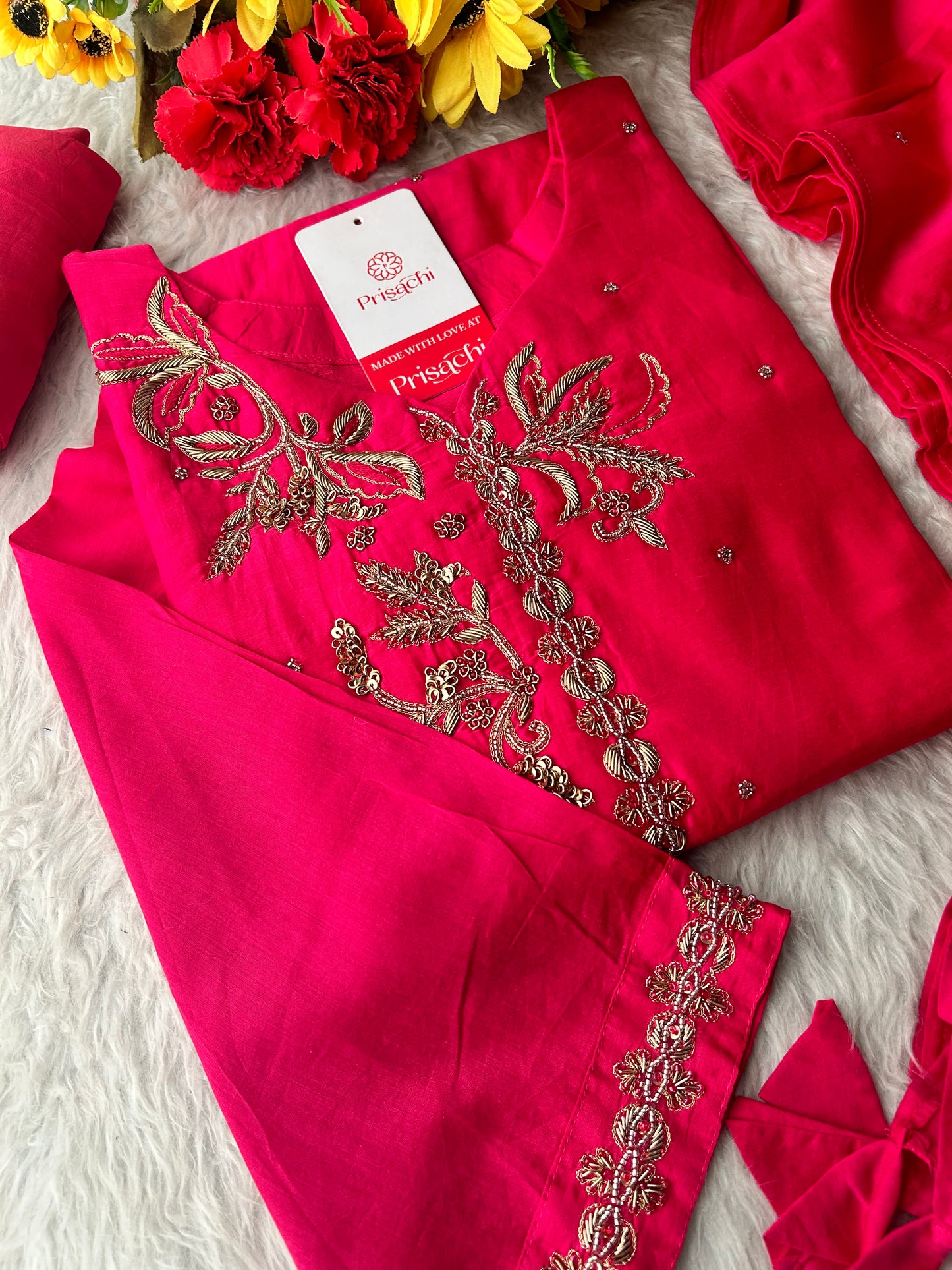 Pink Zardozi Embroidered A-Line kurta set with dupatta and Pants | Ethnic Suit Set