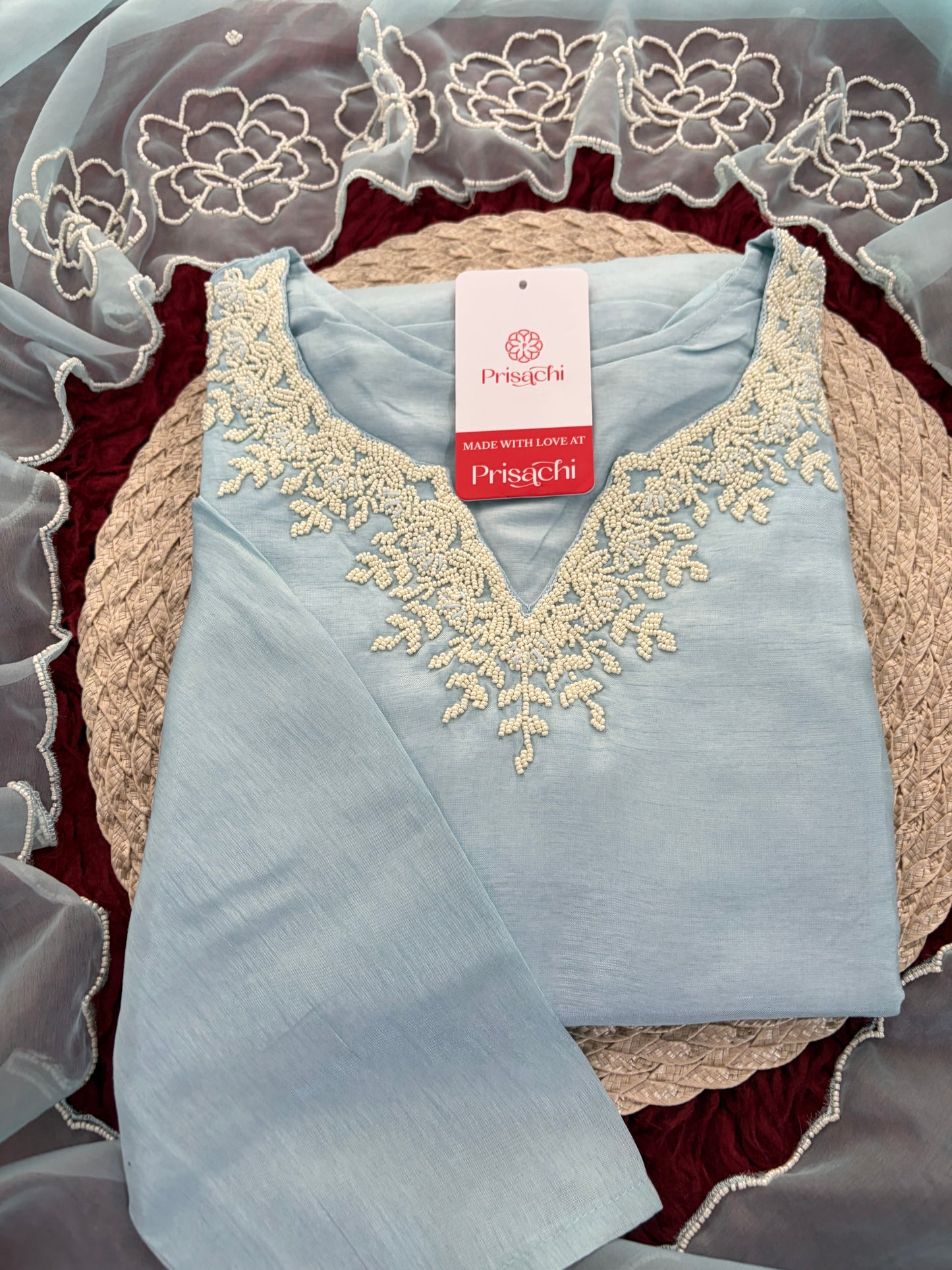 Pastel Blue Embroidered Ethnic Kurta set with Pants and Dupatta For Women's | Festive Party Wear Suit Set