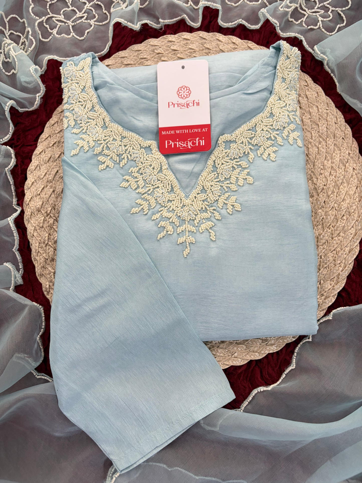 Pastel Blue Embroidered Ethnic Kurta set with Pants and Dupatta For Women's | Festive Party Wear Suit Set