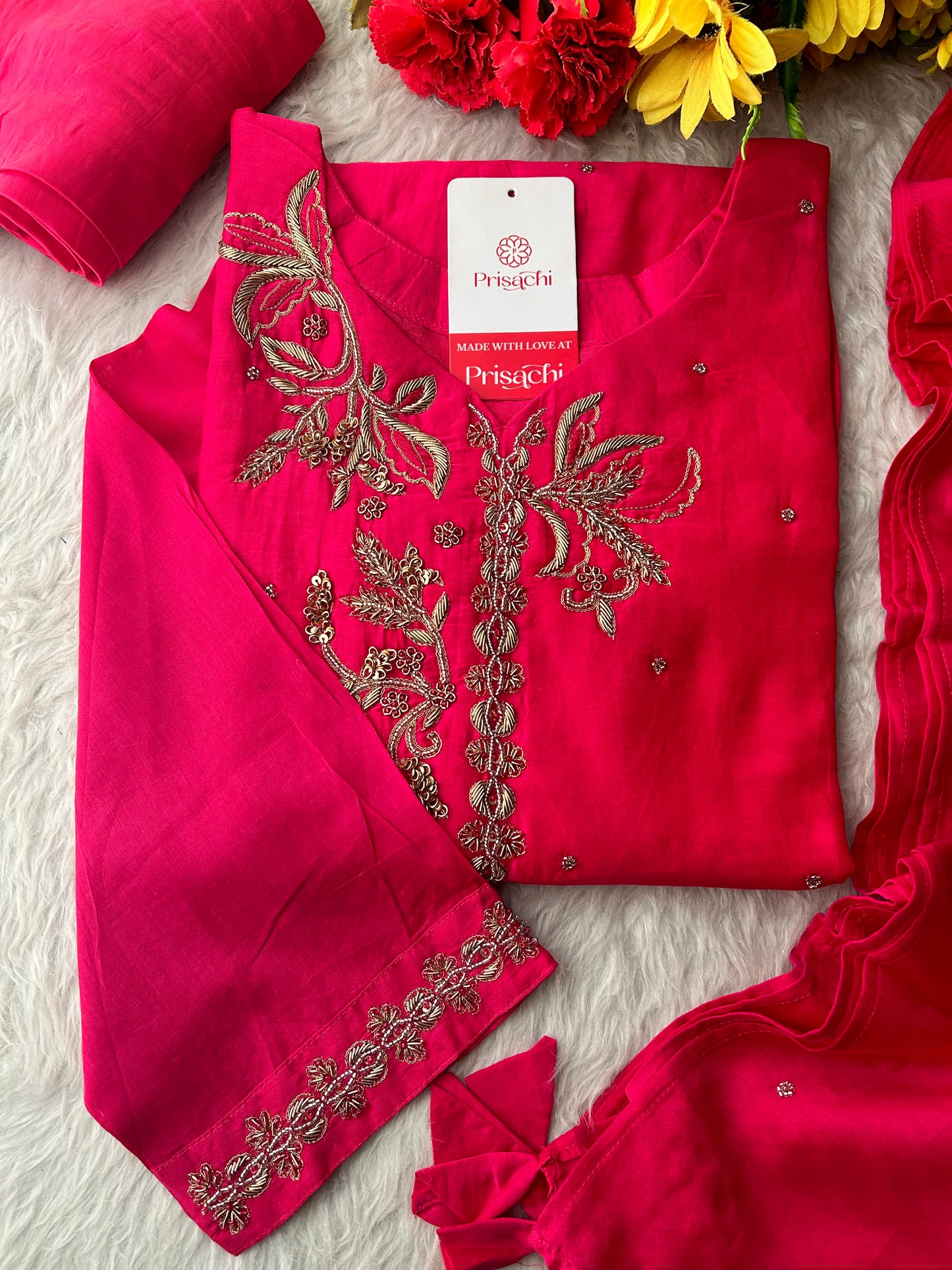Pink Zardozi Embroidered A-Line kurta set with dupatta and Pants | Ethnic Suit Set