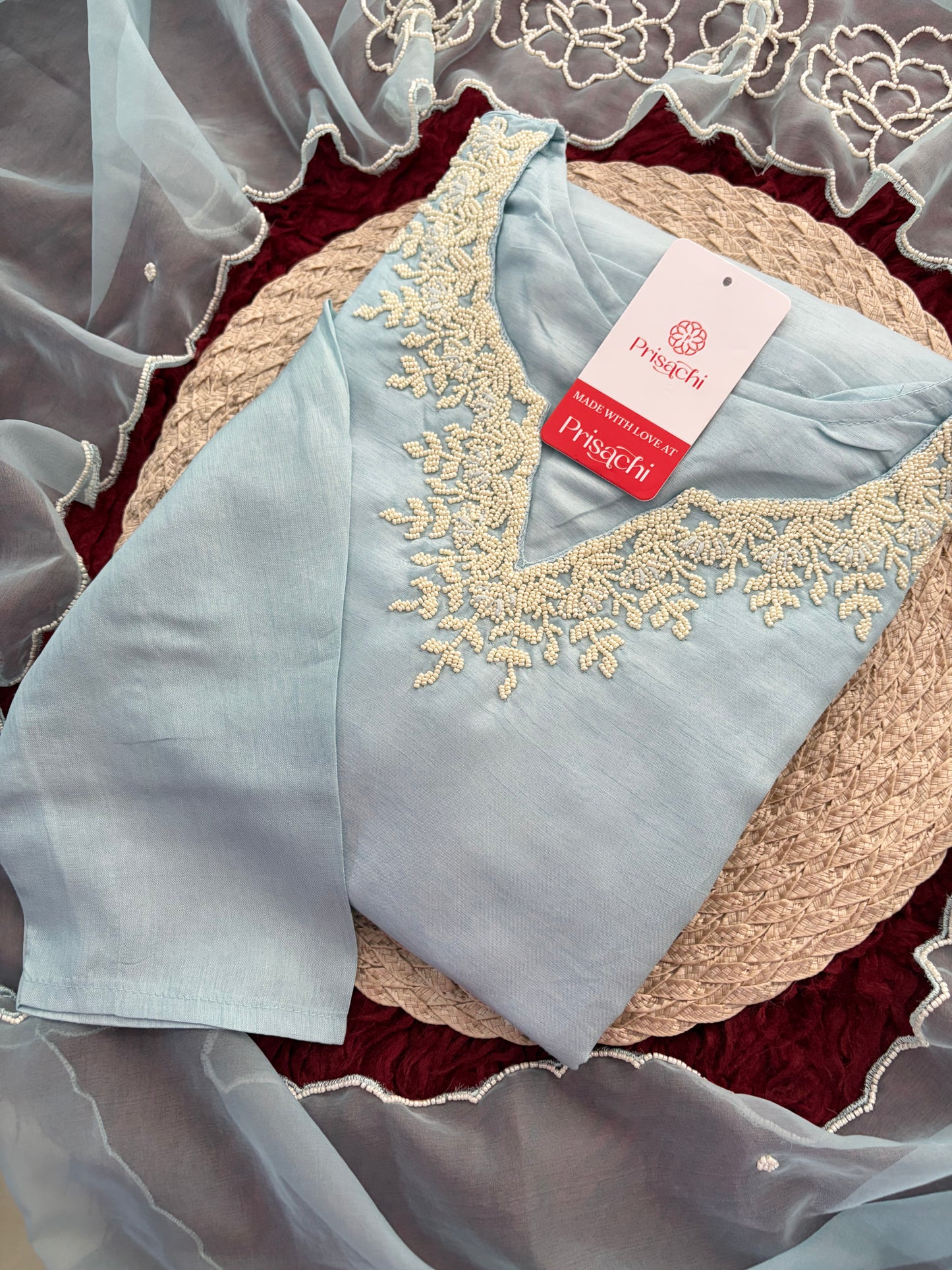 Pastel Blue Embroidered Ethnic Kurta set with Pants and Dupatta For Women's | Festive Party Wear Suit Set
