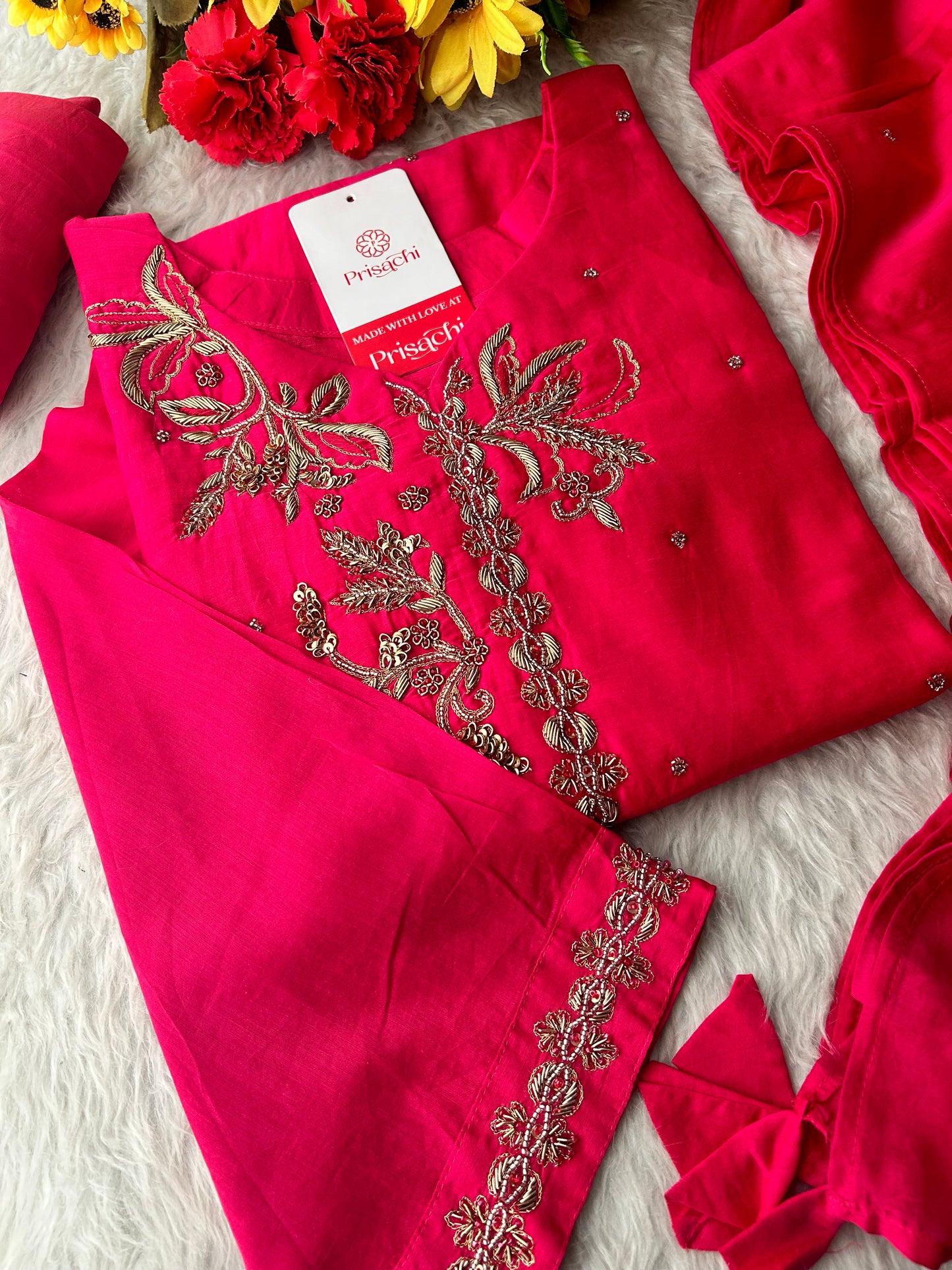 Pink Zardozi Embroidered A-Line kurta set with dupatta and Pants | Ethnic Suit Set
