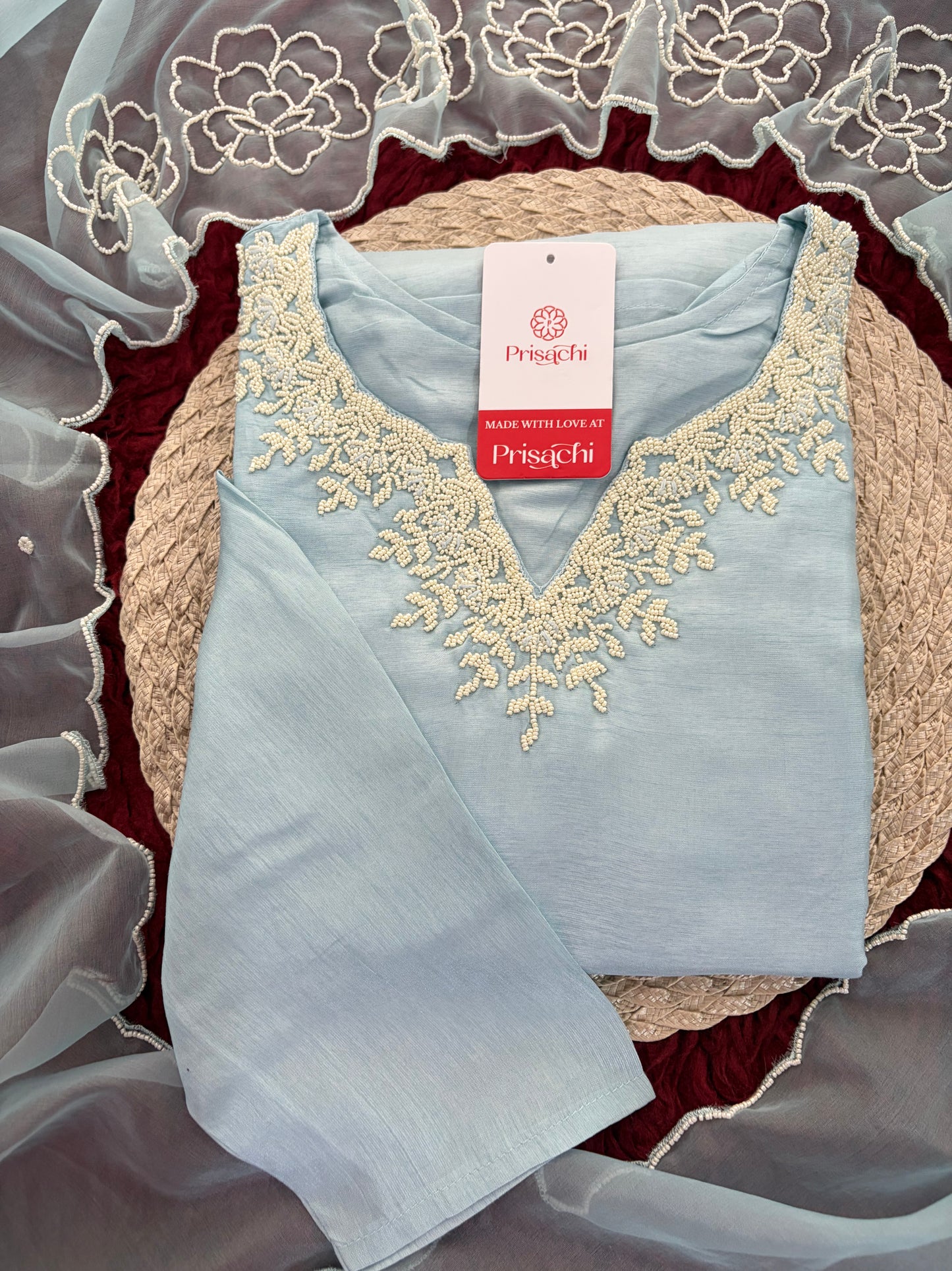 Pastel Blue Embroidered Ethnic Kurta set with Pants and Dupatta For Women's | Festive Party Wear Suit Set