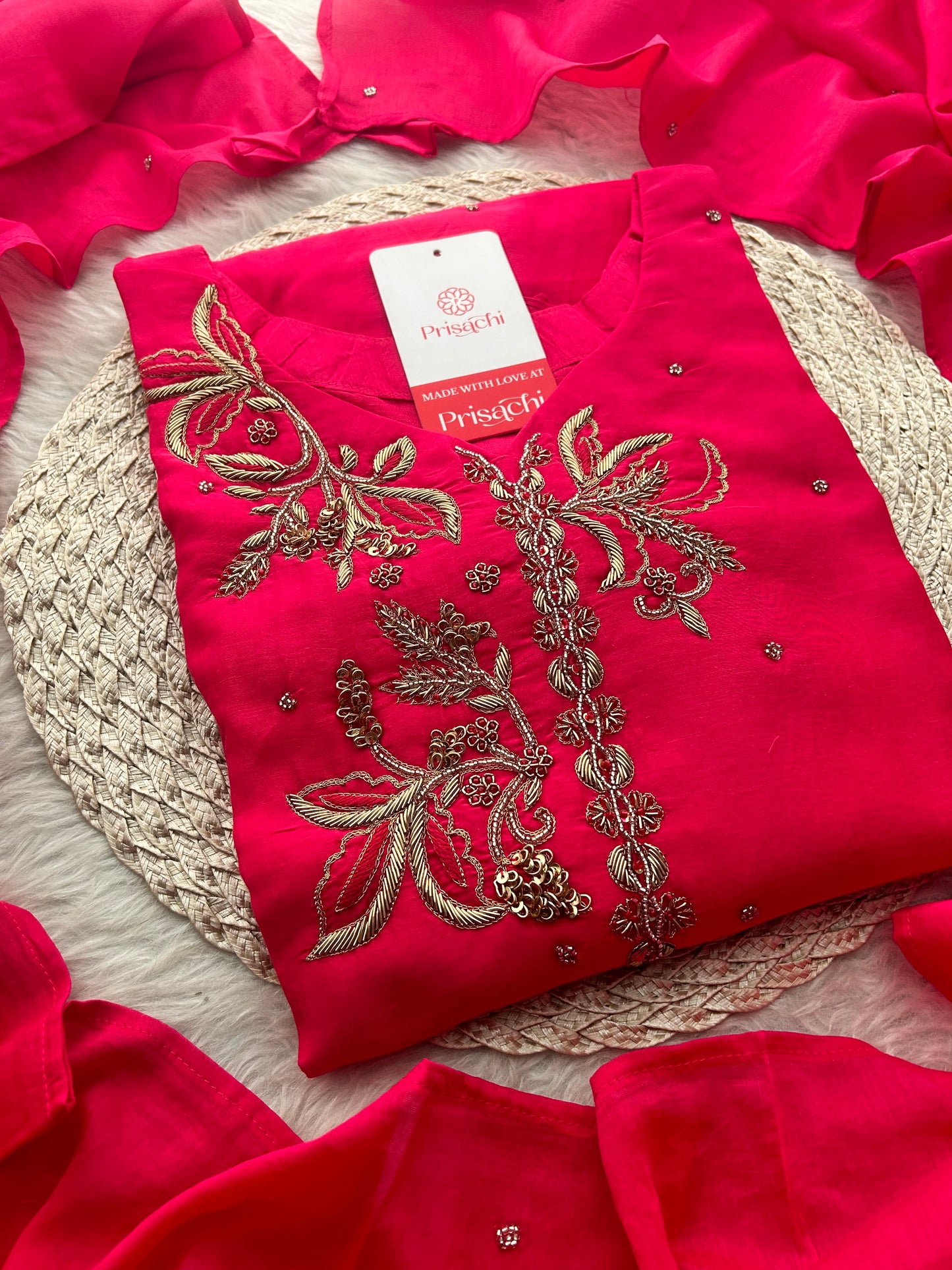 Pink Zardozi Embroidered A-Line kurta set with dupatta and Pants | Ethnic Suit Set
