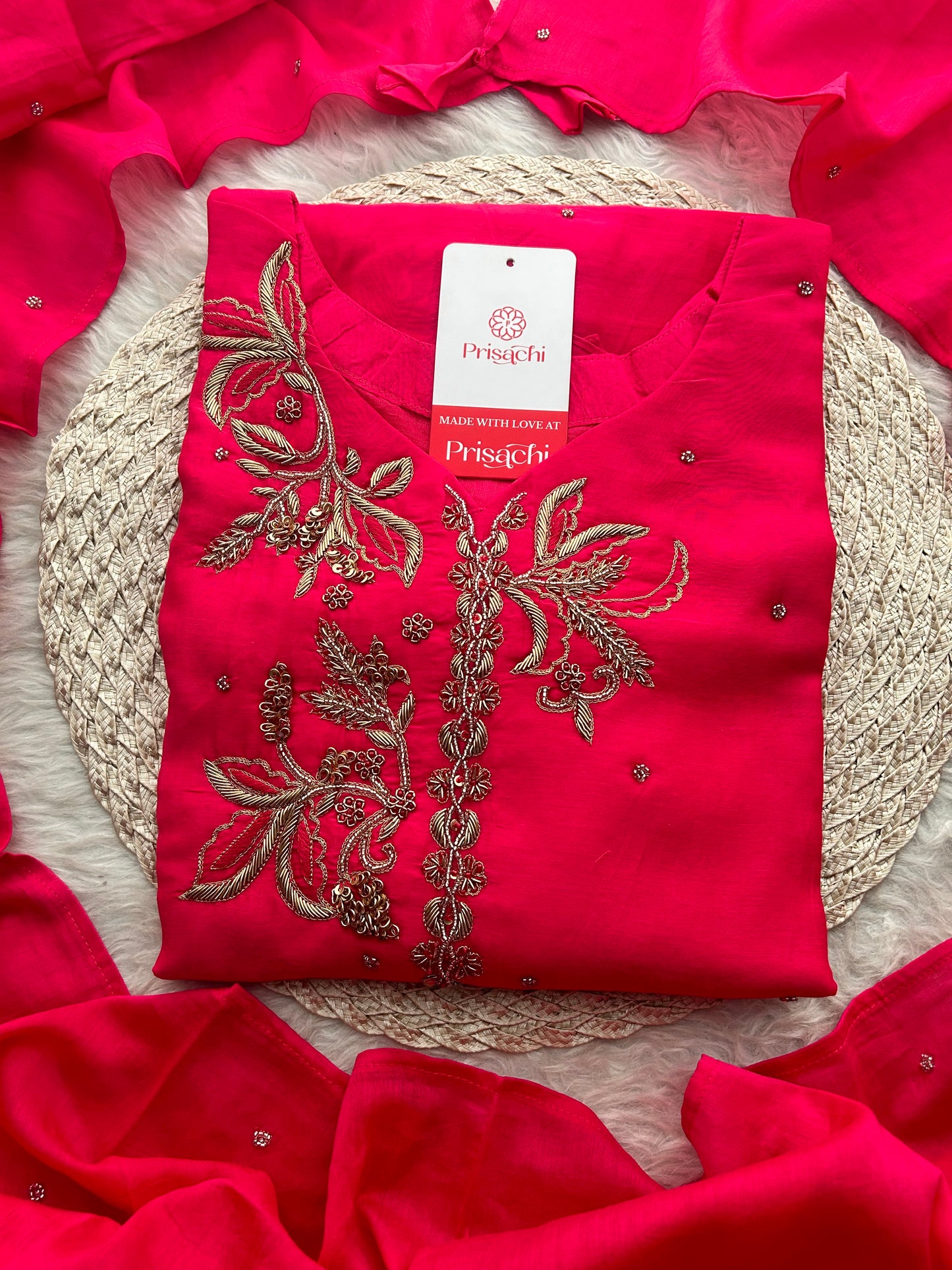 Pink Zardozi Embroidered A-Line kurta set with dupatta and Pants | Ethnic Suit Set