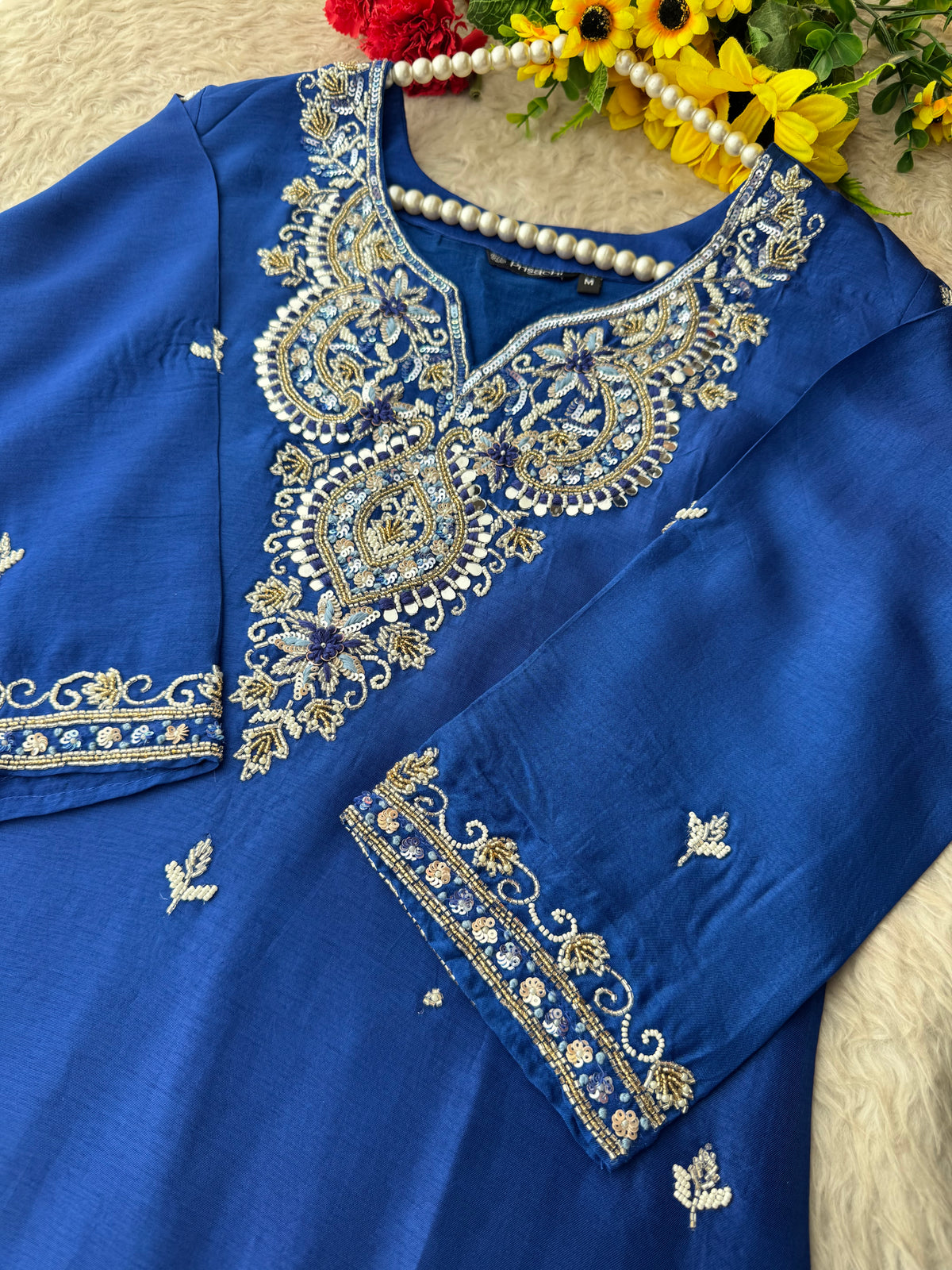 Royal Blue Zardozi Embroidered Ethnic Kurta Set With Straight Pants  | Festive & Party wear