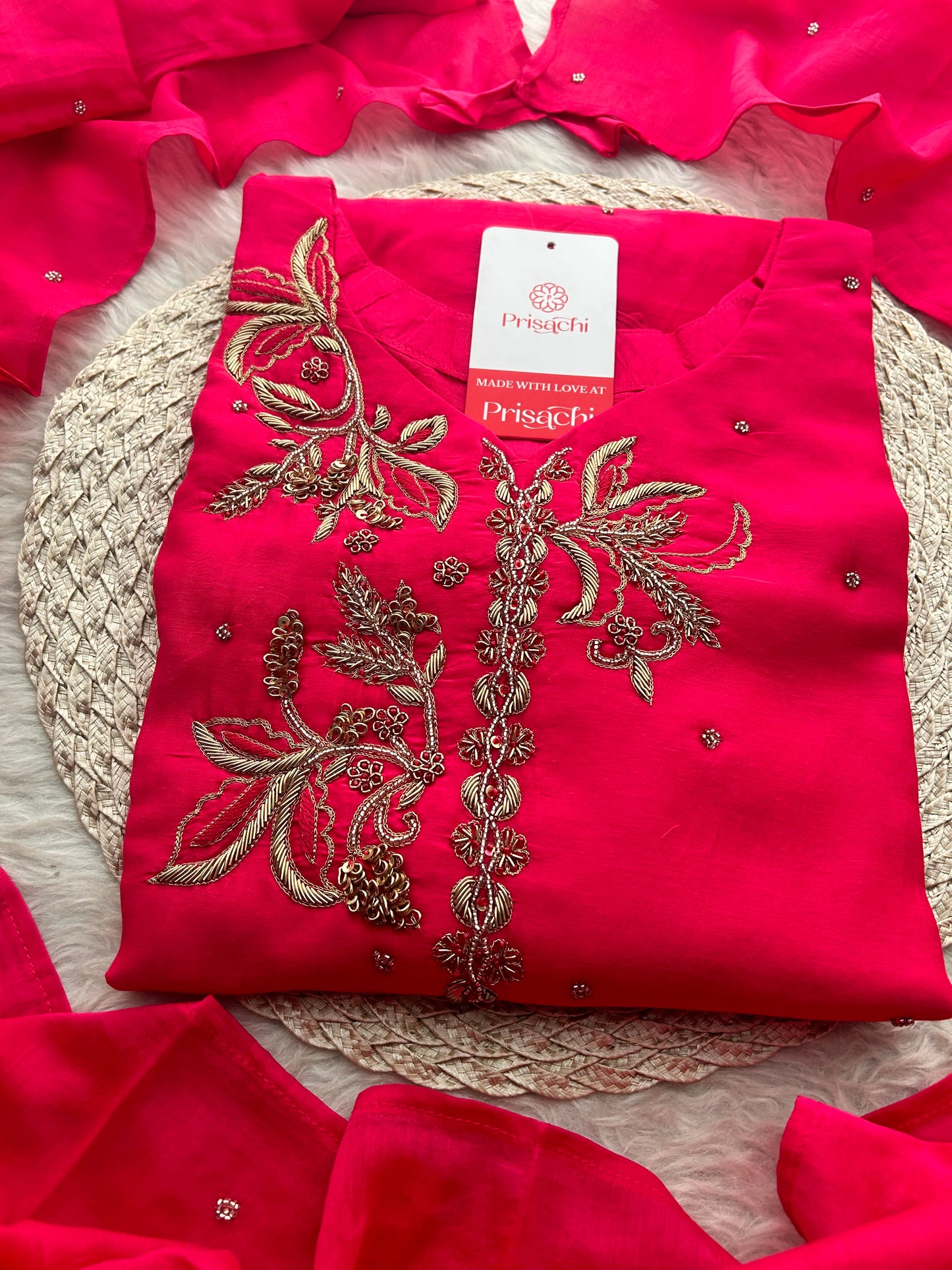 Pink Zardozi Embroidered A-Line kurta set with dupatta and Pants | Ethnic Suit Set