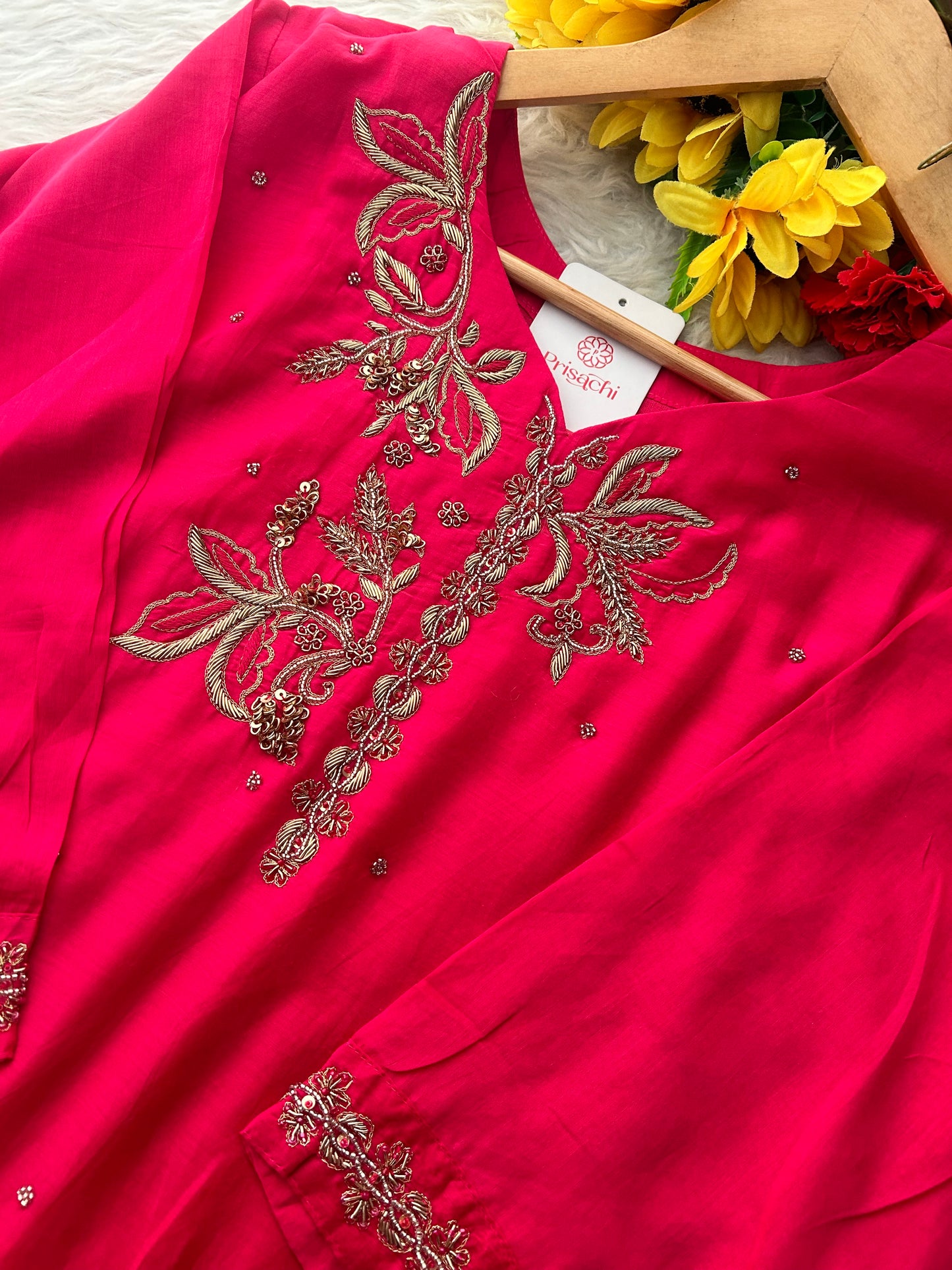 Pink Zardozi Embroidered A-Line kurta set with dupatta and Pants | Ethnic Suit Set