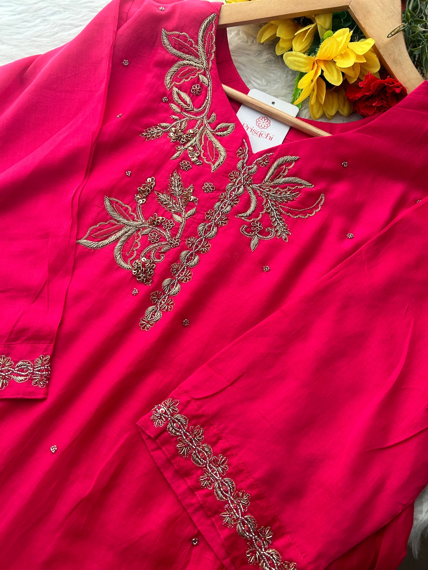 Pink Zardozi Embroidered A-Line kurta set with dupatta and Pants | Ethnic Suit Set