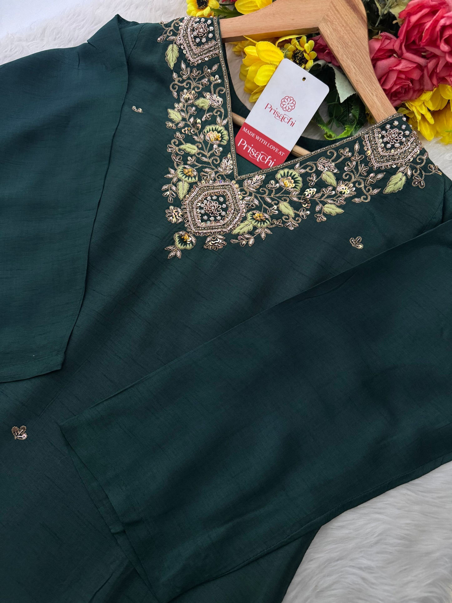 Green Designer Embroidered Kurta set with Pant and Banarasi Dupatta - Prisachi Official
