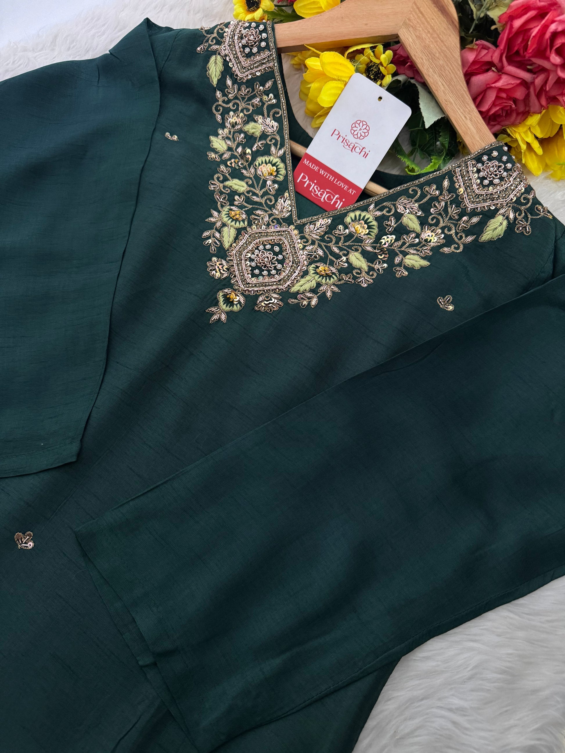 Green Designer Embroidered Kurta set with Pant and Banarasi Dupatta - Prisachi Official