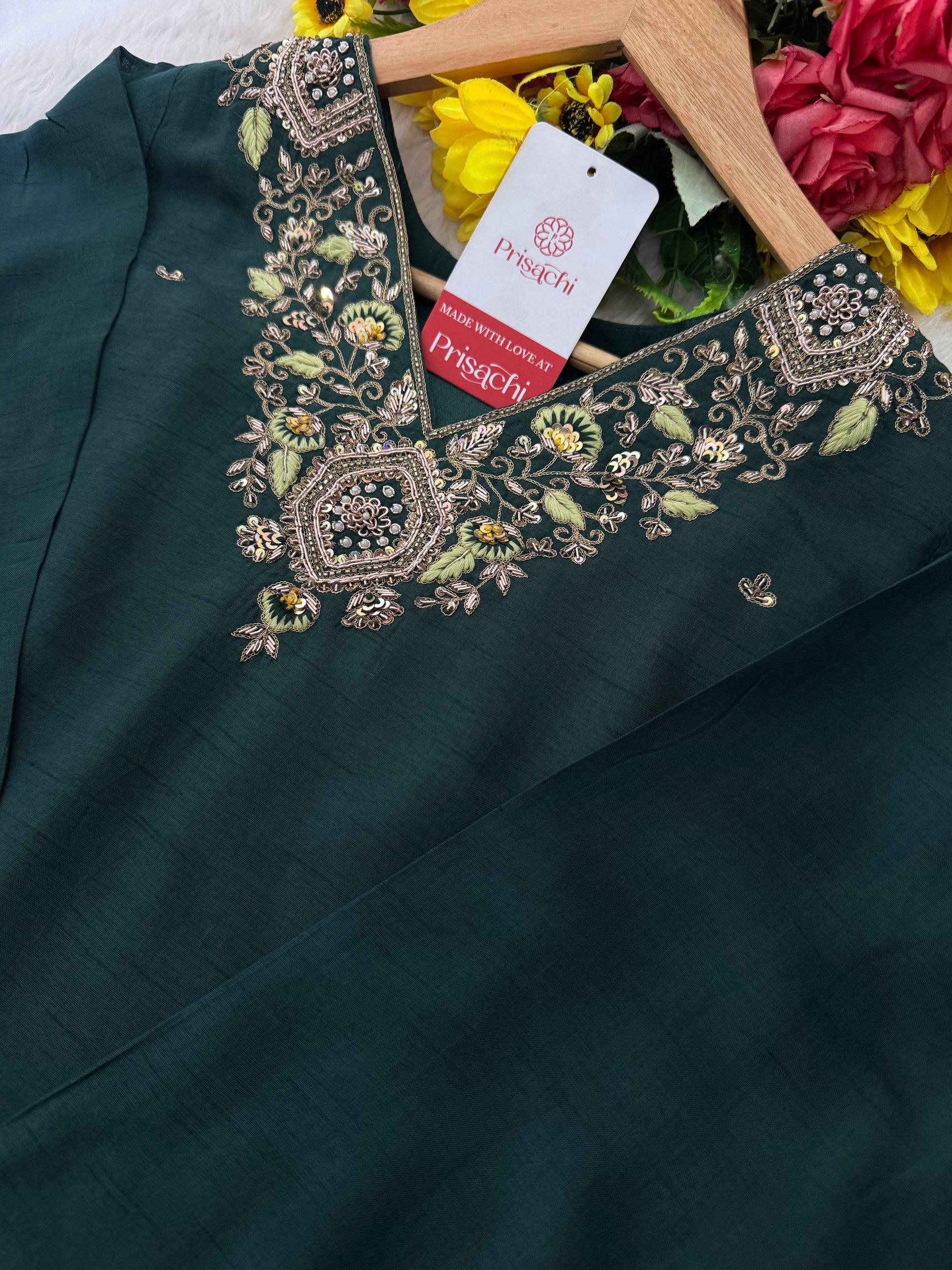 Green Designer Embroidered Kurta set with Pant and Banarasi Dupatta - Prisachi Official