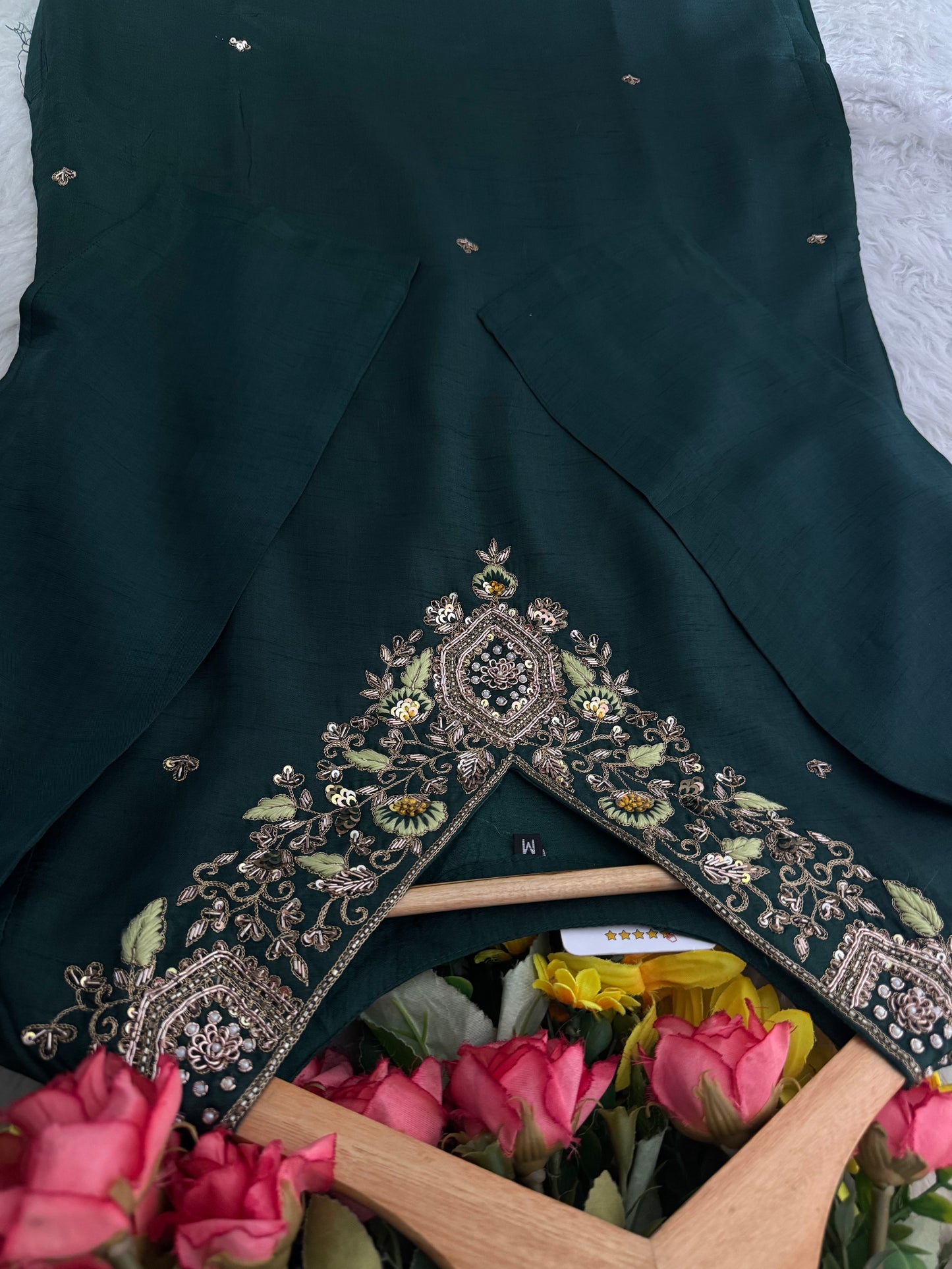 Green Designer Embroidered Kurta set with Pant and Banarasi Dupatta - Prisachi Official