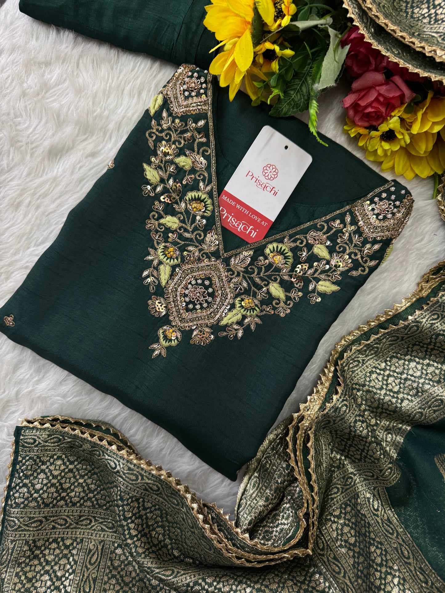 Green Designer Embroidered Kurta set with Pant and Banarasi Dupatta - Prisachi Official
