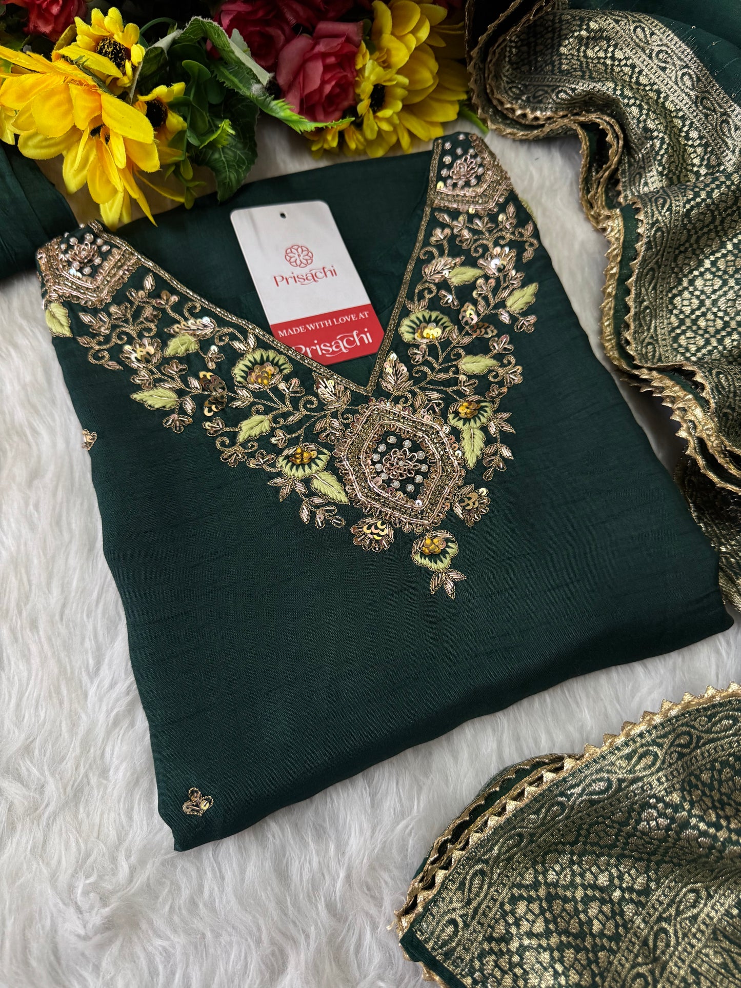 Green Designer Embroidered Kurta set with Pant and Banarasi Dupatta - Prisachi Official