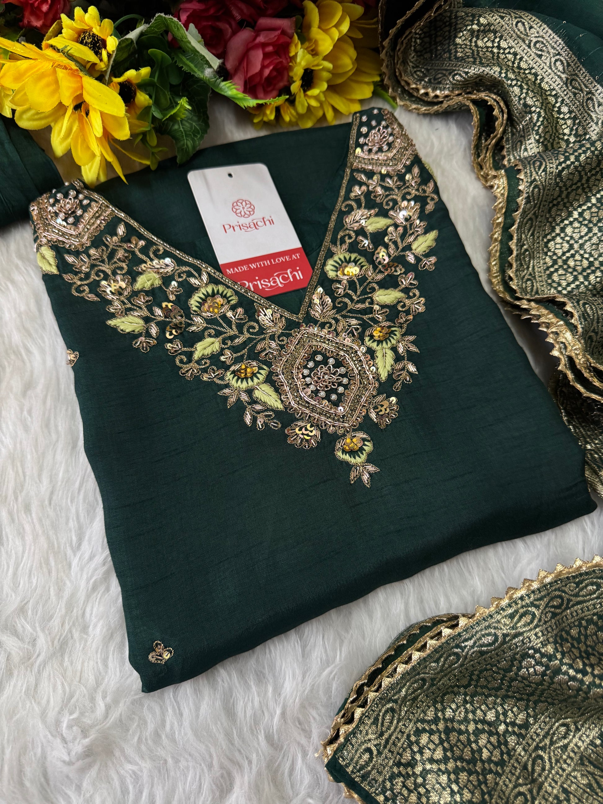 Green Designer Embroidered Kurta set with Pant and Banarasi Dupatta - Prisachi Official