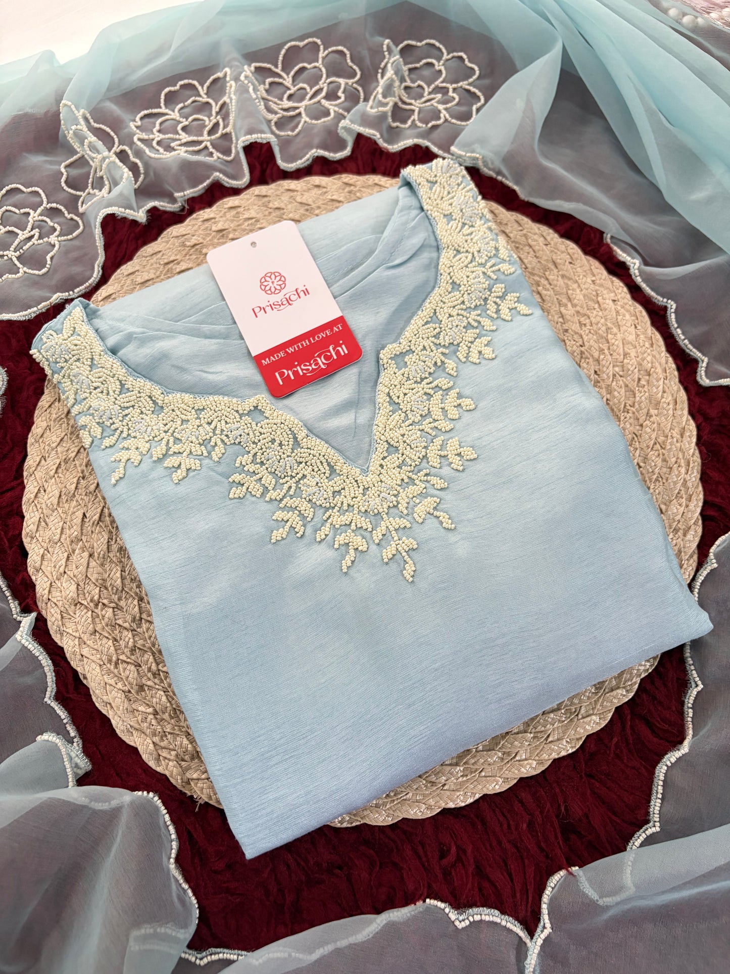 Pastel Blue Embroidered Ethnic Kurta set with Pants and Dupatta For Women's | Festive Party Wear Suit Set