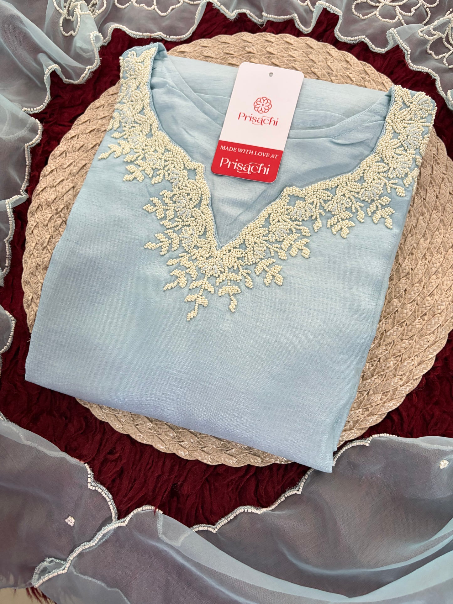Pastel Blue Embroidered Ethnic Kurta set with Pants and Dupatta For Women's | Festive Party Wear Suit Set