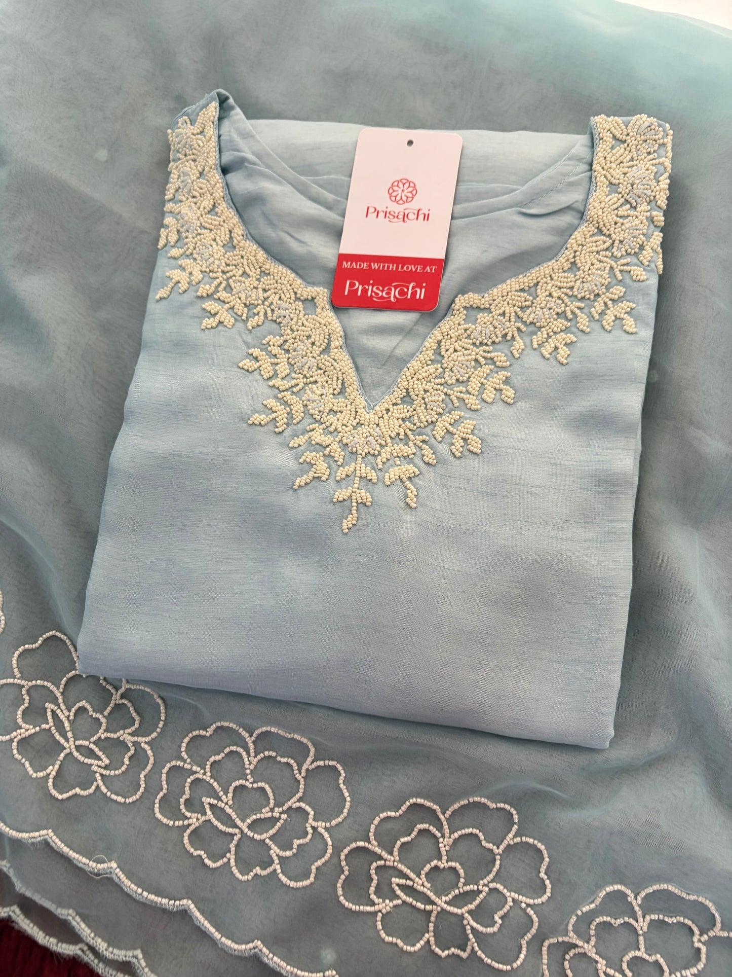 Pastel Blue Embroidered Ethnic Kurta set with Pants and Dupatta For Women's | Festive Party Wear Suit Set