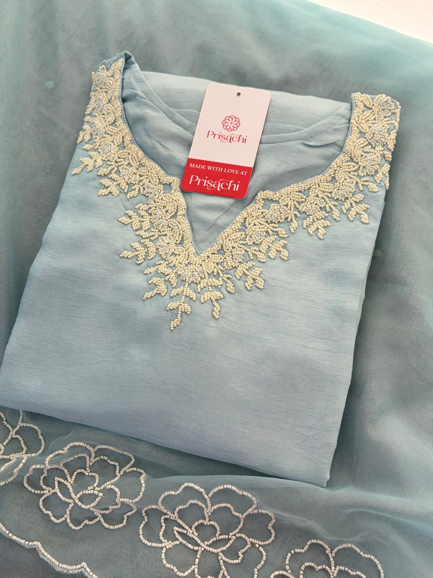 Pastel Blue Embroidered Ethnic Kurta set with Pants and Dupatta For Women's | Festive Party Wear Suit Set