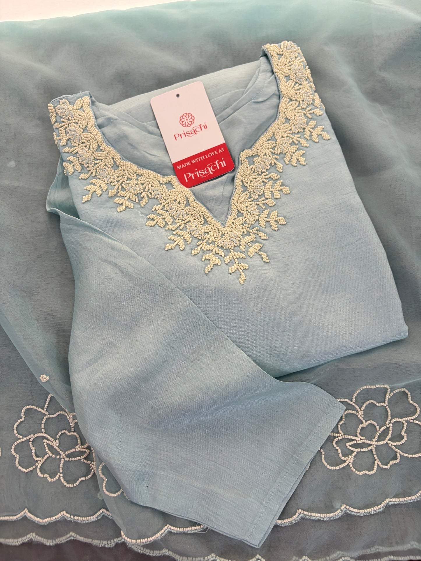 Pastel Blue Embroidered Ethnic Kurta set with Pants and Dupatta For Women's | Festive Party Wear Suit Set