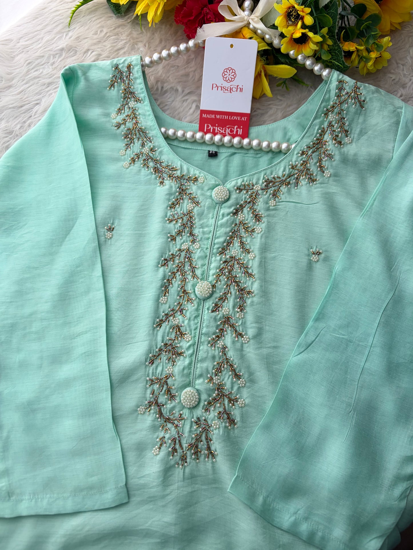 Mint Green Zardozi Embroidered Kurta Set for Women with Pants & Dupatta | Traditional Ethnic wear