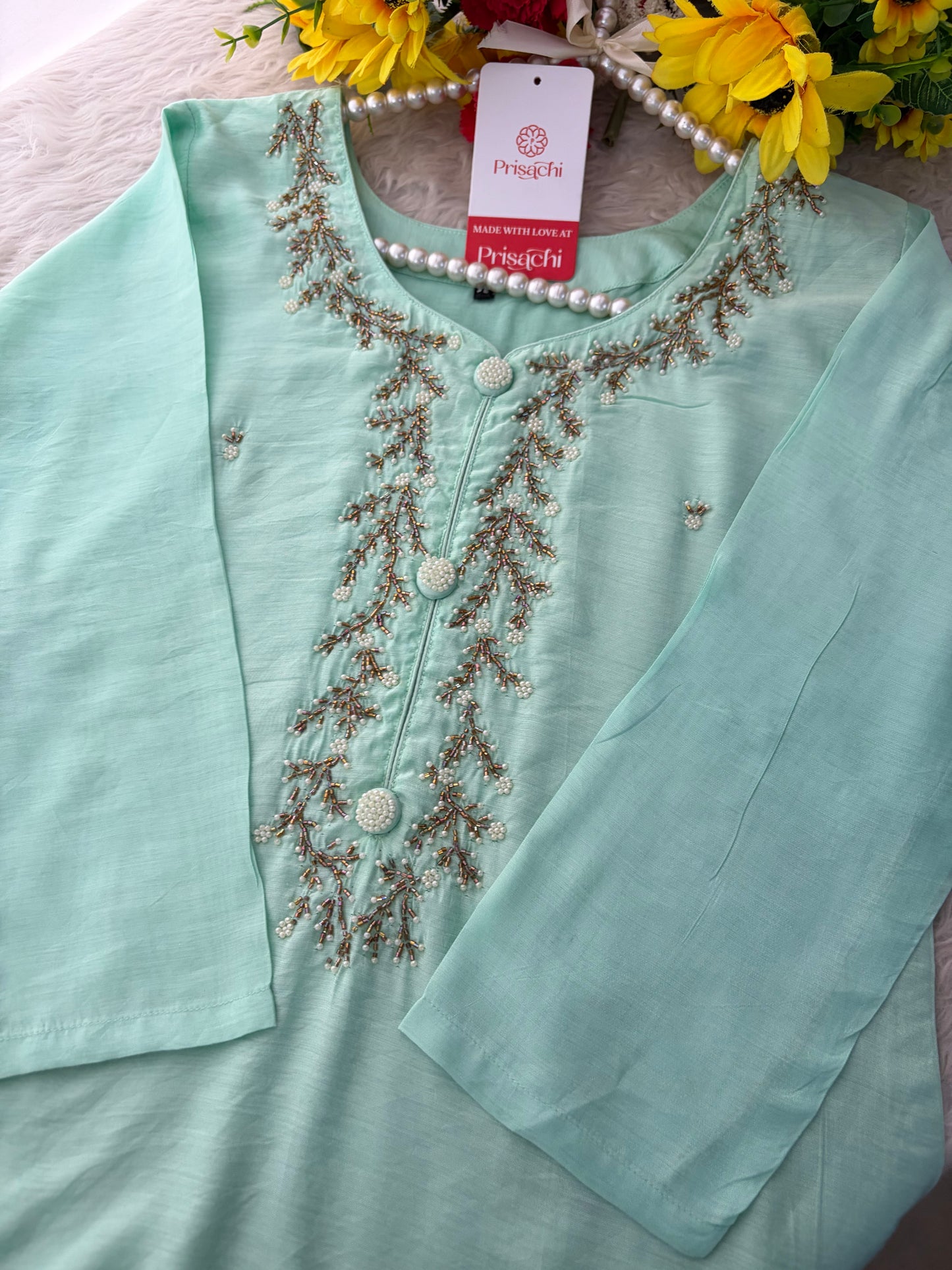 Mint Green Zardozi Embroidered Kurta Set for Women with Pants & Dupatta | Traditional Ethnic wear