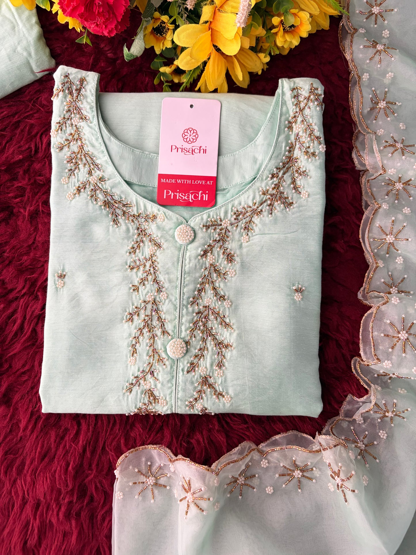 Mint Green Zardozi Embroidered Kurta Set for Women with Pants & Dupatta | Traditional Ethnic wear