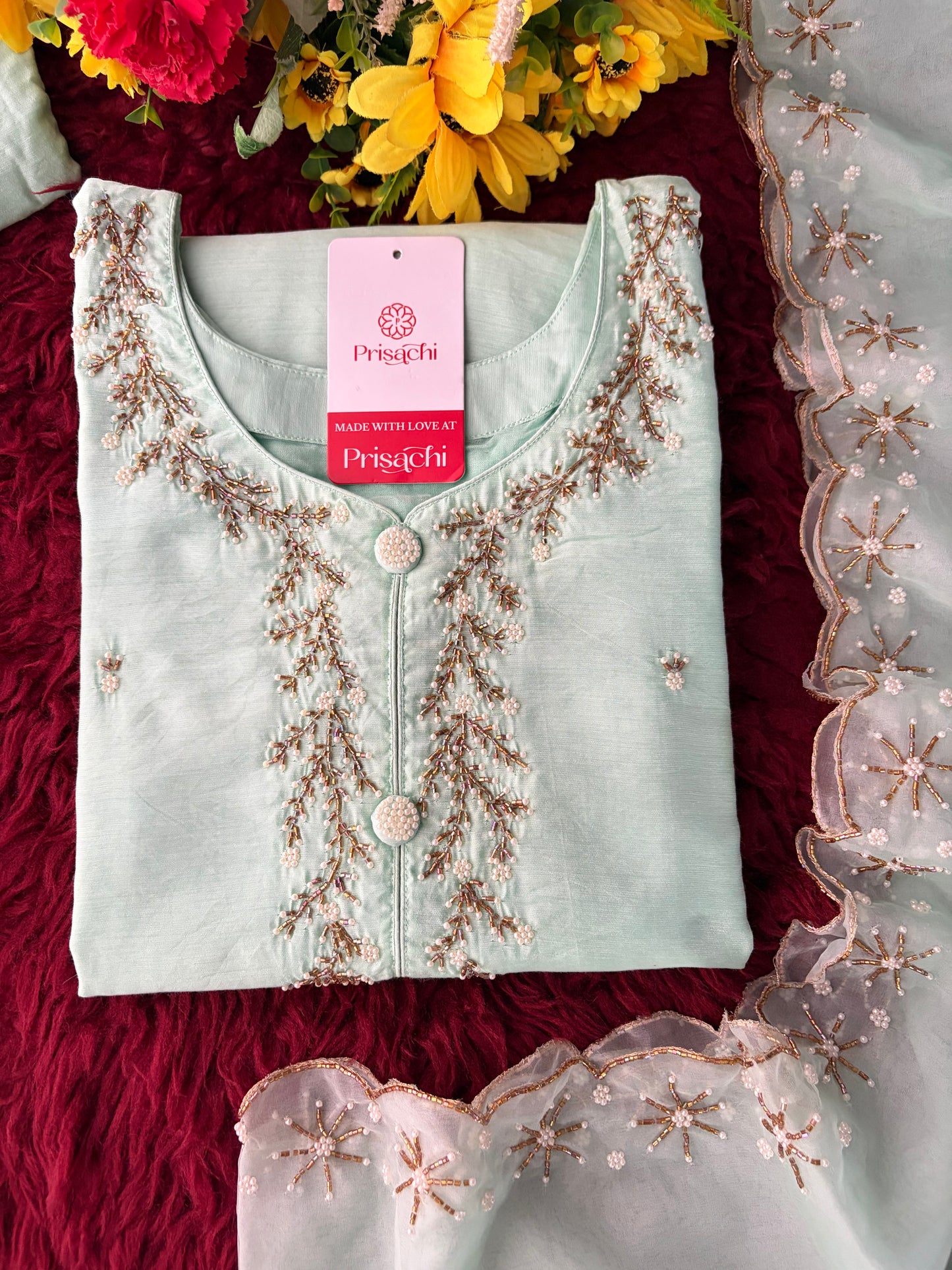 Mint Green Zardozi Embroidered Kurta Set for Women with Pants & Dupatta | Traditional Ethnic wear