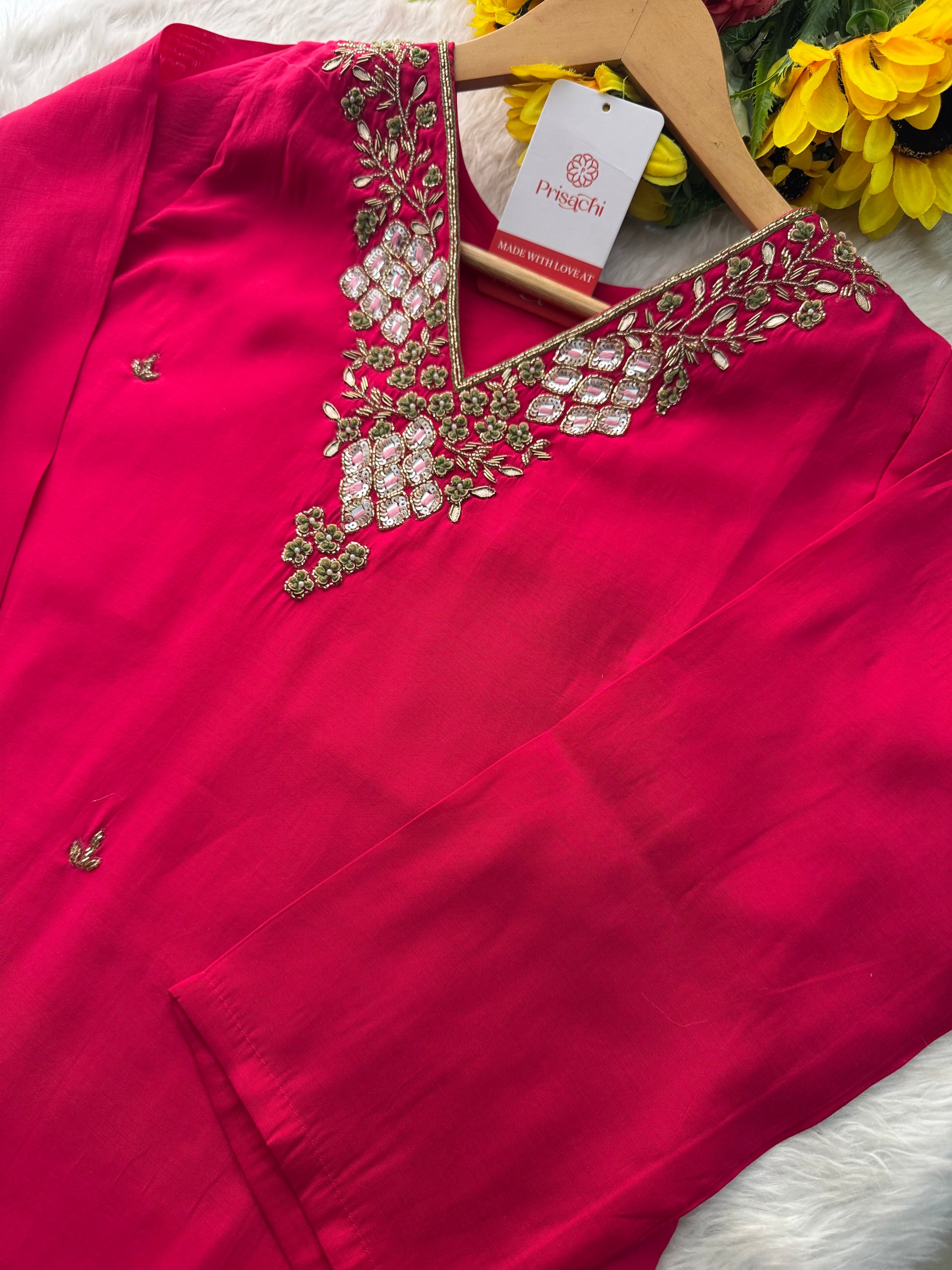Pink Designer Embroidered Ethnic Kurta Set with Pants & Floral Dupatta - Prisachi Official