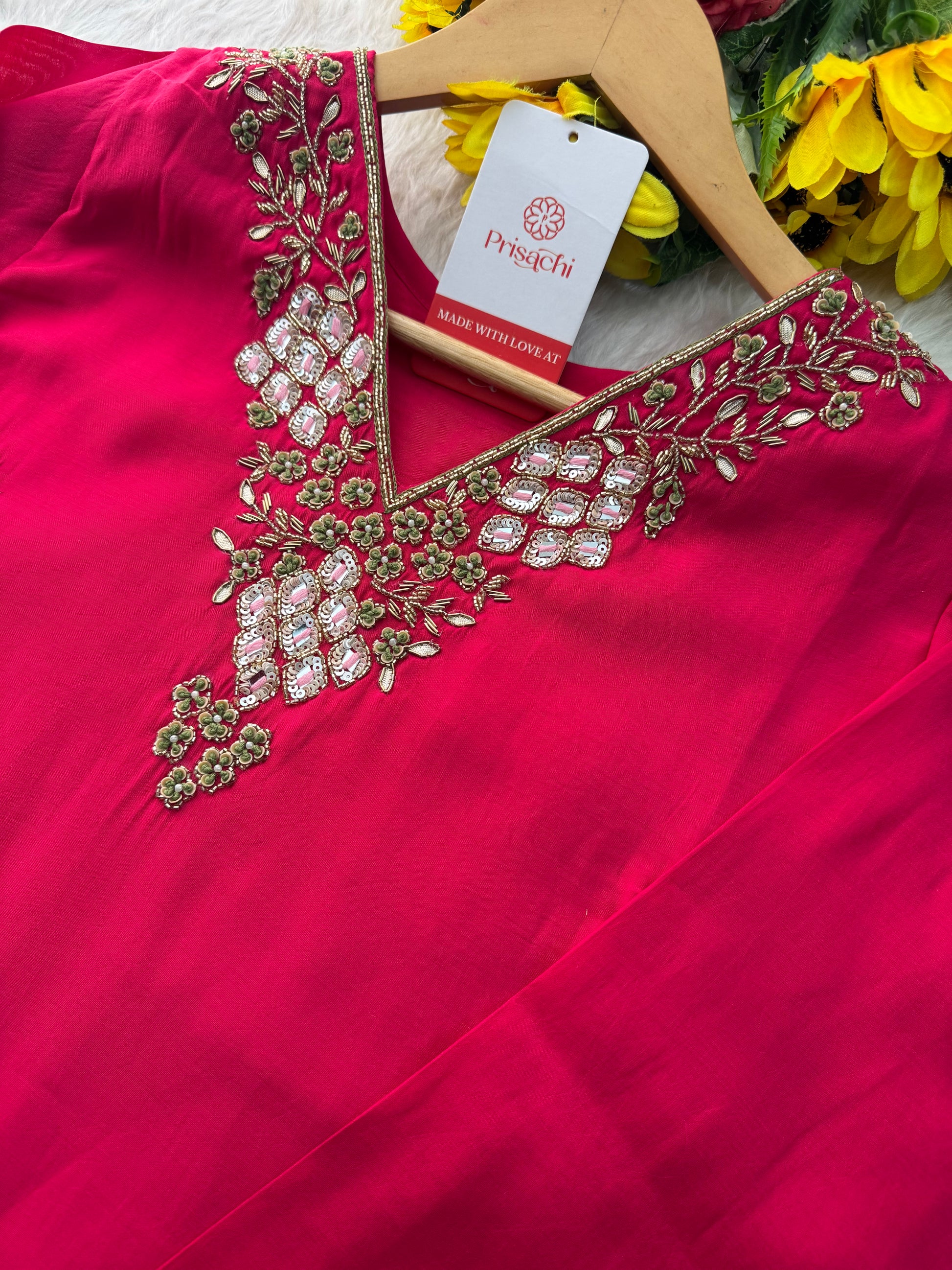 Pink Designer Embroidered Ethnic Kurta Set with Pants & Floral Dupatta - Prisachi Official