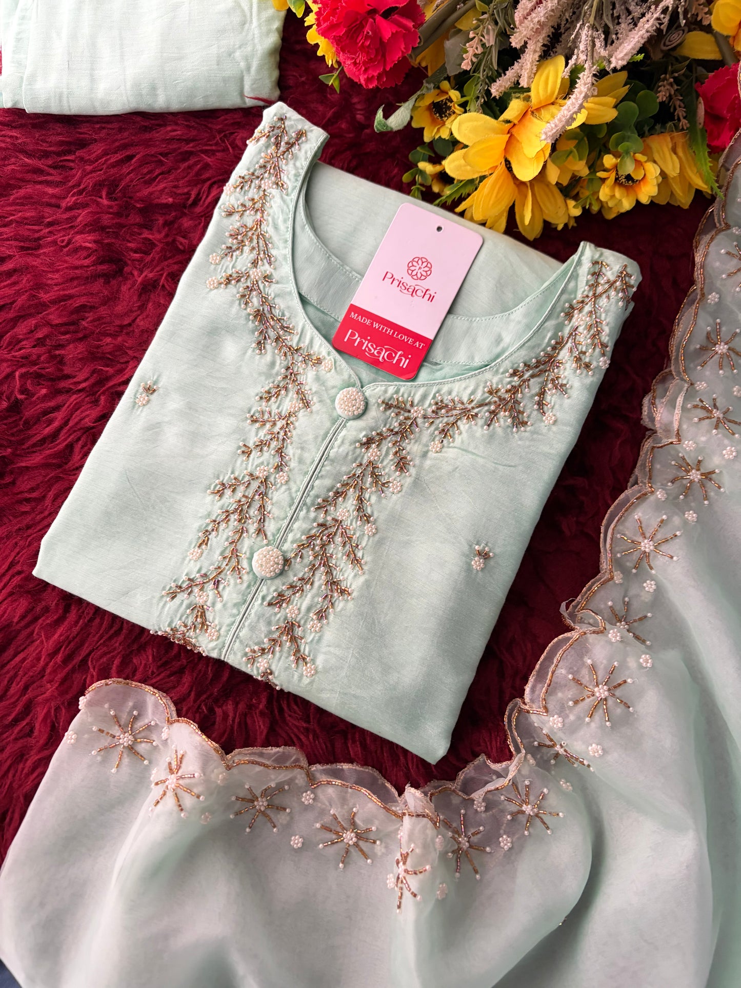 Mint Green Zardozi Embroidered Kurta Set for Women with Pants & Dupatta | Traditional Ethnic wear