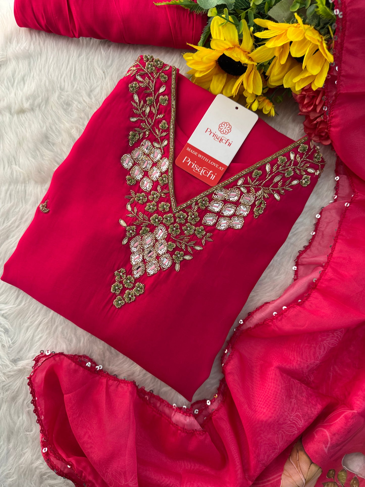 Pink Designer Embroidered Ethnic Kurta Set with Pants & Floral Dupatta - Prisachi Official