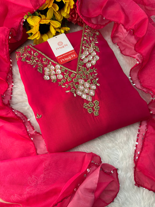 Pink Designer Embroidered Ethnic Kurta Set with Pants & Floral Dupatta - Prisachi Official
