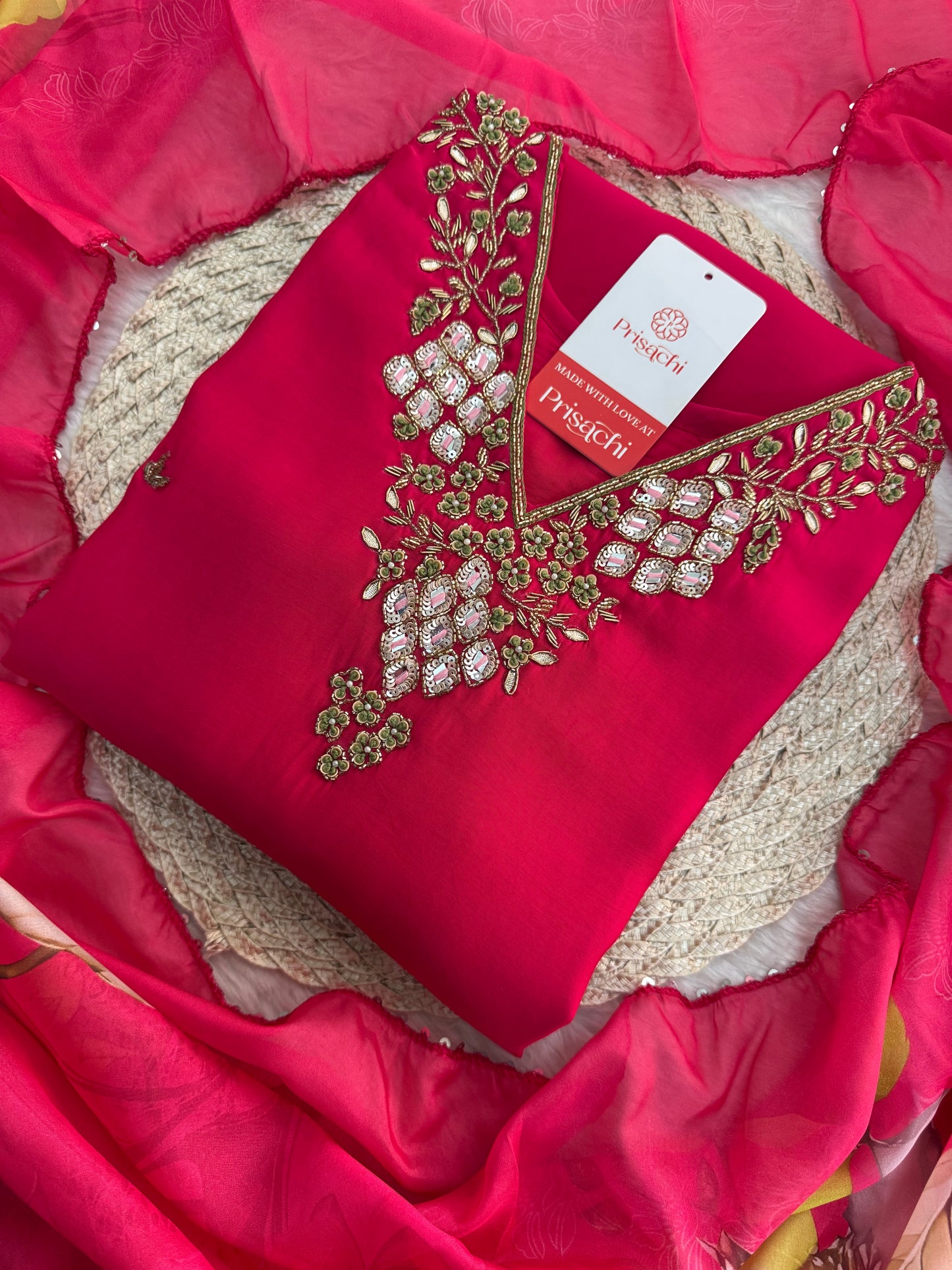 Pink Designer Embroidered Ethnic Kurta Set with Pants & Floral Dupatta - Prisachi Official