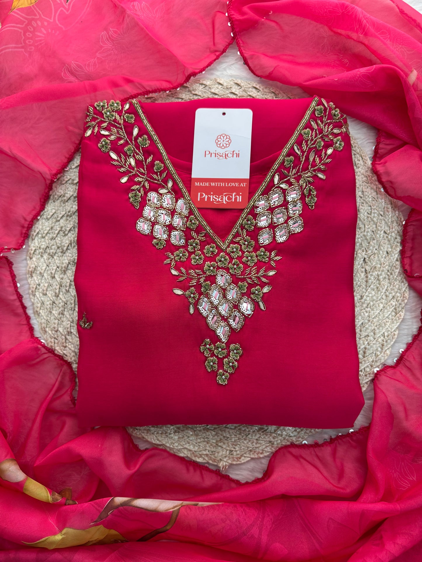 Pink Designer Embroidered Ethnic Kurta Set with Pants & Floral Dupatta - Prisachi Official