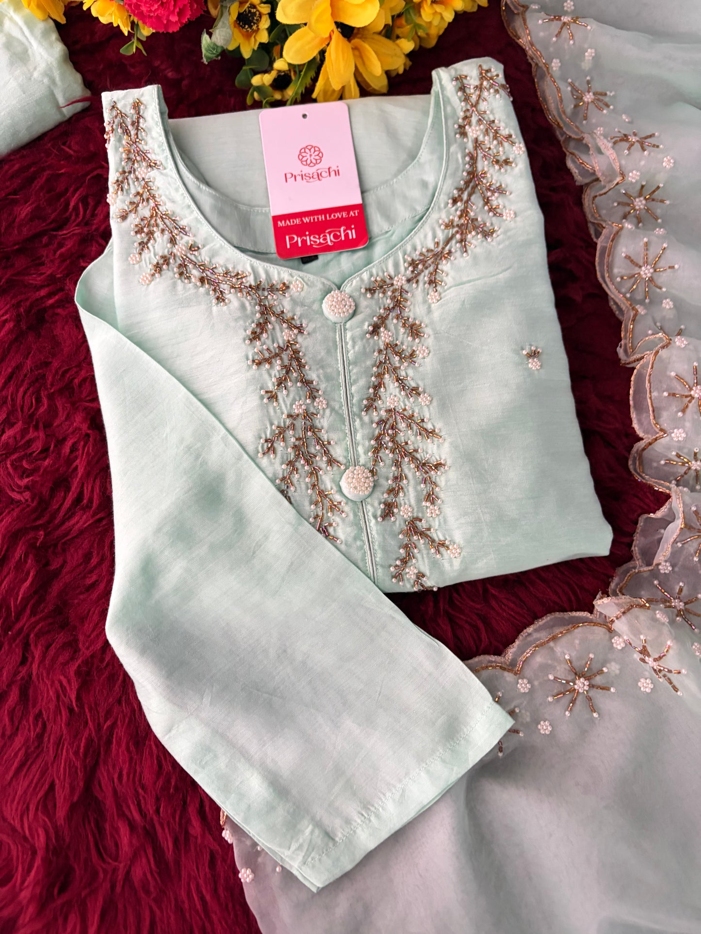 Mint Green Zardozi Embroidered Kurta Set for Women with Pants & Dupatta | Traditional Ethnic wear