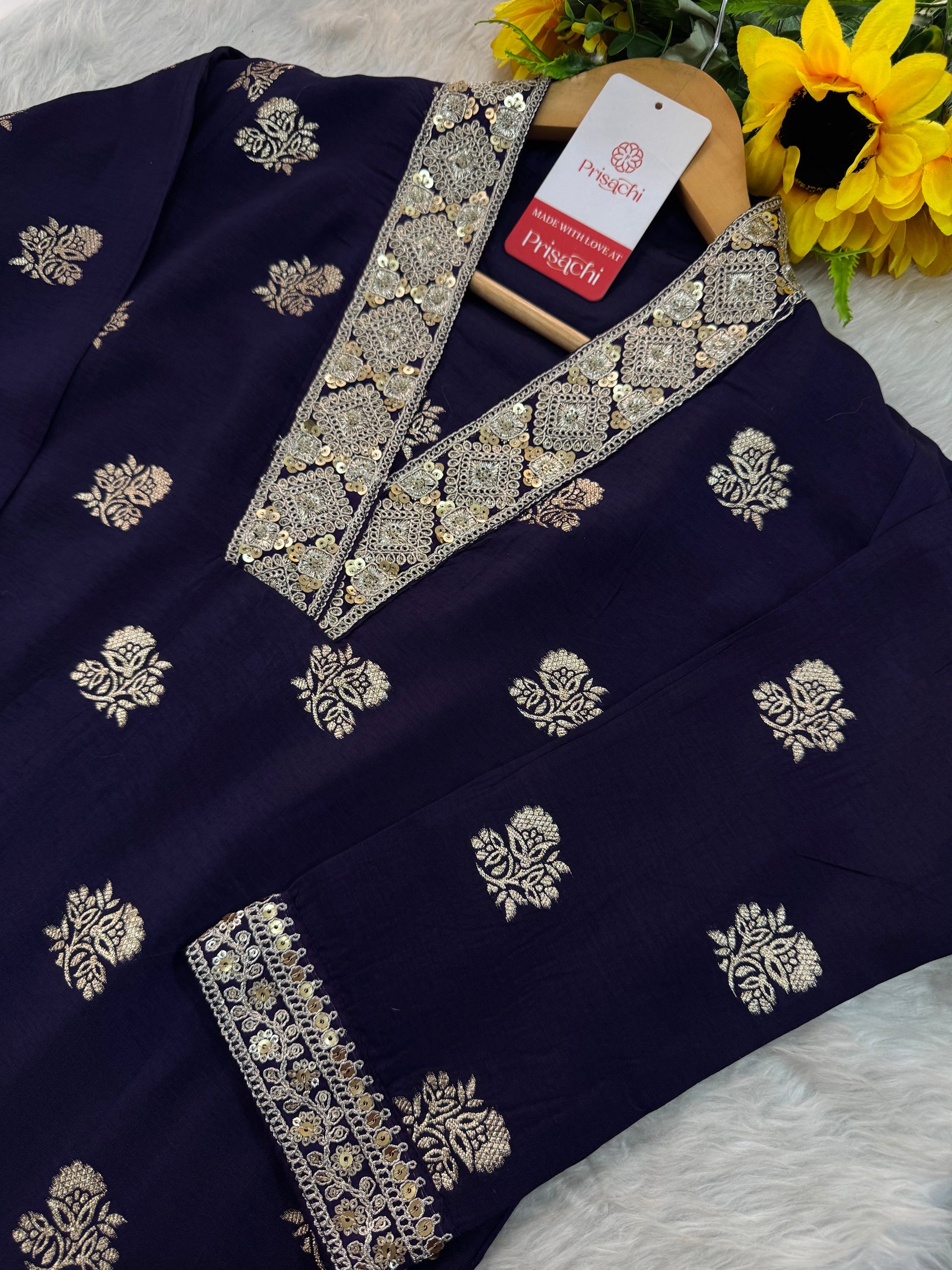Purple Designer Embroidered Ethnic Kurta set with Pants & Banarasi Dupatta - Prisachi Official