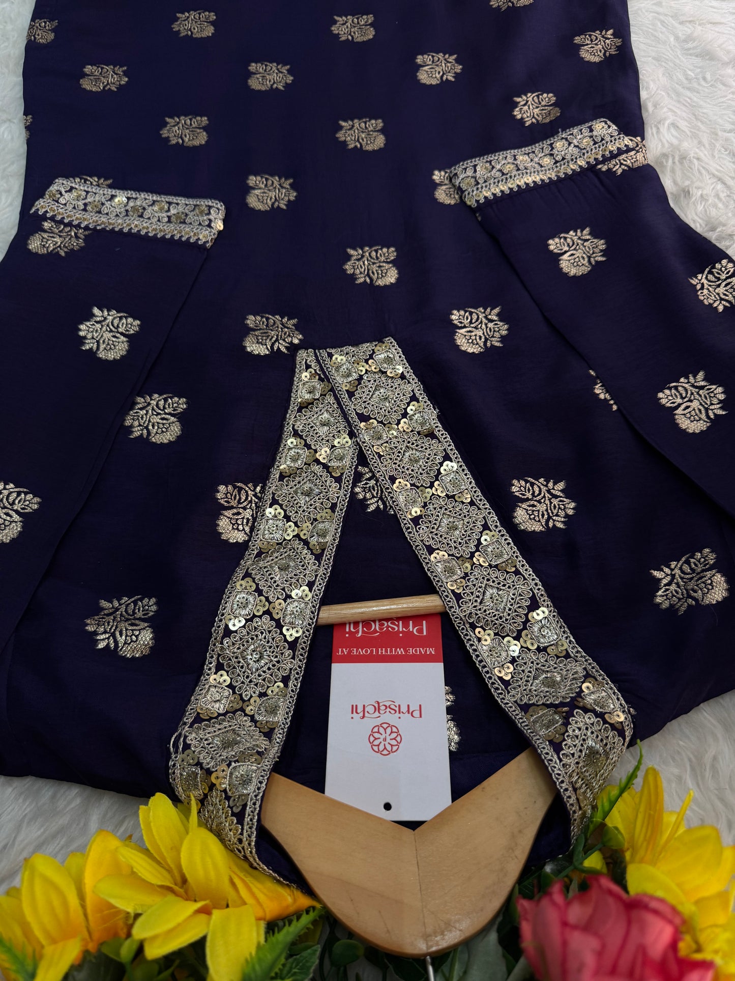 Purple Designer Embroidered Ethnic Kurta set with Pants & Banarasi Dupatta - Prisachi Official